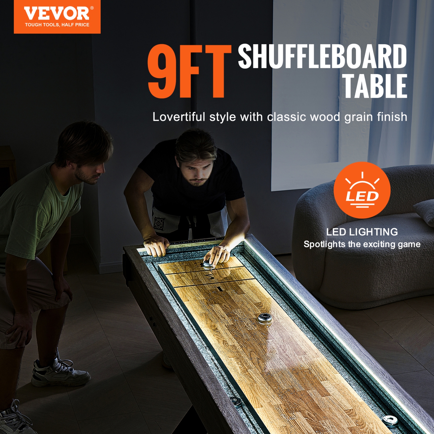 VEVOR 9 ft Shuffleboard Table, LED Light Up for Family Game Room, 2 in 1 Combo Game Set, with Scratch-Resistant Playfield, Legs, 8 Pucks, Bowling