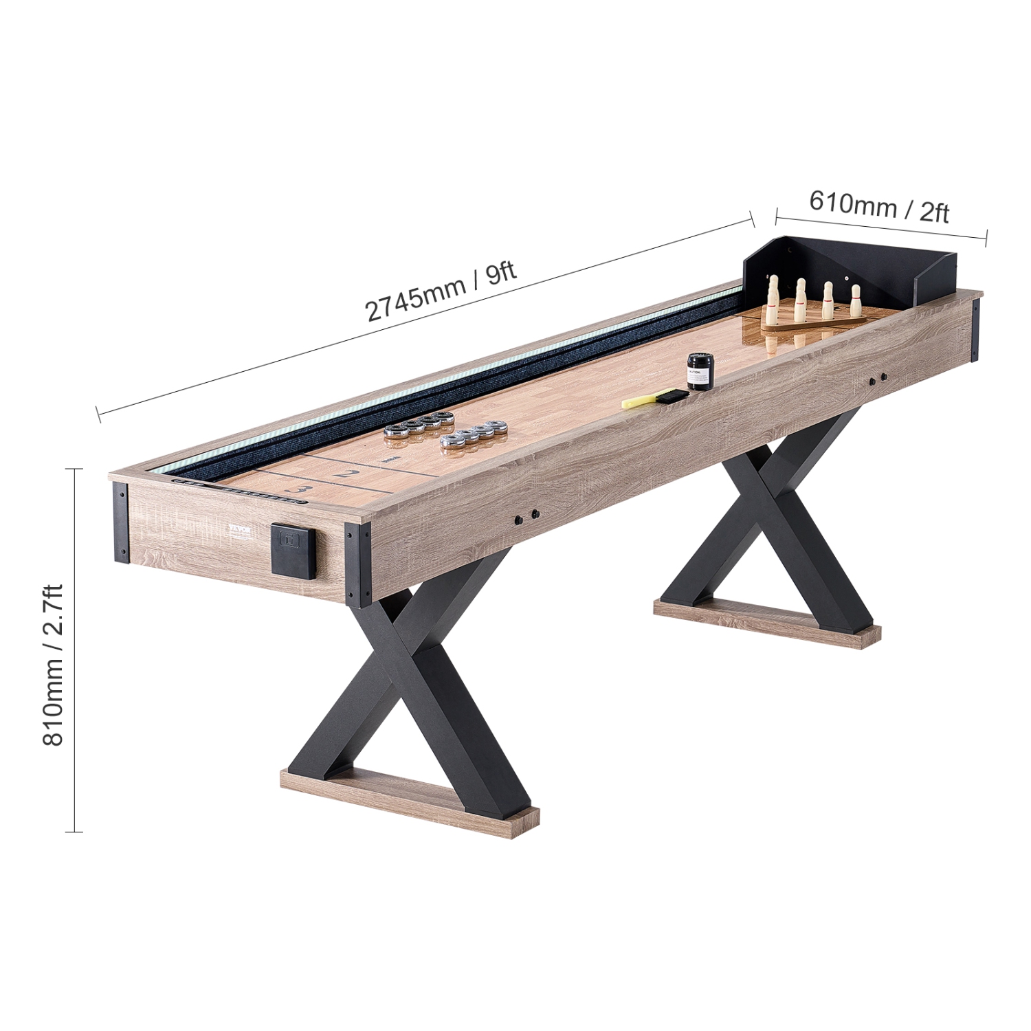 VEVOR 9 ft Shuffleboard Table, LED Light Up for Family Game Room, 2 in 1 Combo Game Set, with Scratch-Resistant Playfield, Legs, 8 Pucks, Bowling