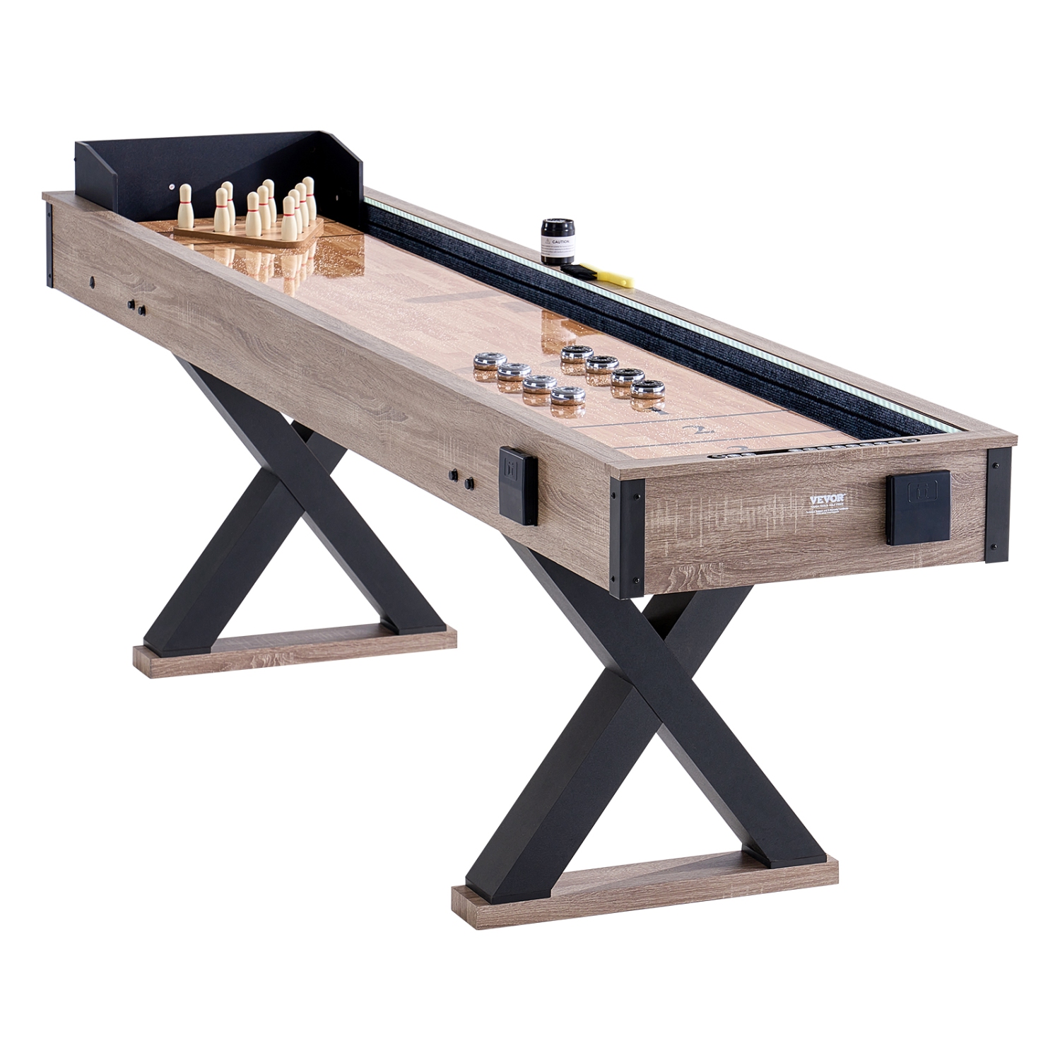 VEVOR 9 ft Shuffleboard Table, LED Light Up for Family Game Room, 2 in 1 Combo Game Set, with Scratch-Resistant Playfield, Legs, 8 Pucks, Bowling