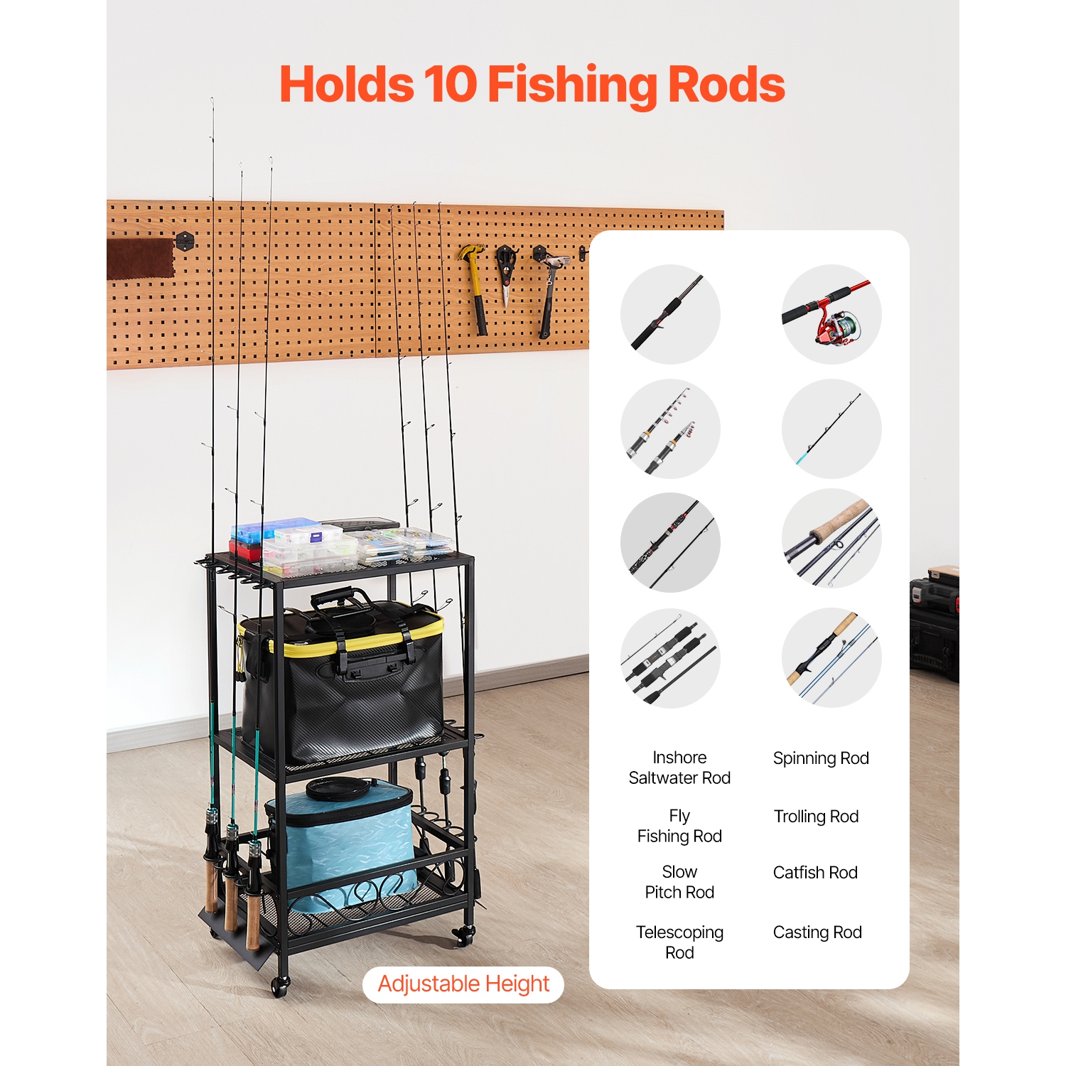 VEVOR 10-Rods Fishing Rod Holder, Mobile Fishing Pole Rack Cart with Wheels, Fish Gear Equipment Organizer for Garage Home Indoor Use, for Tackle Box