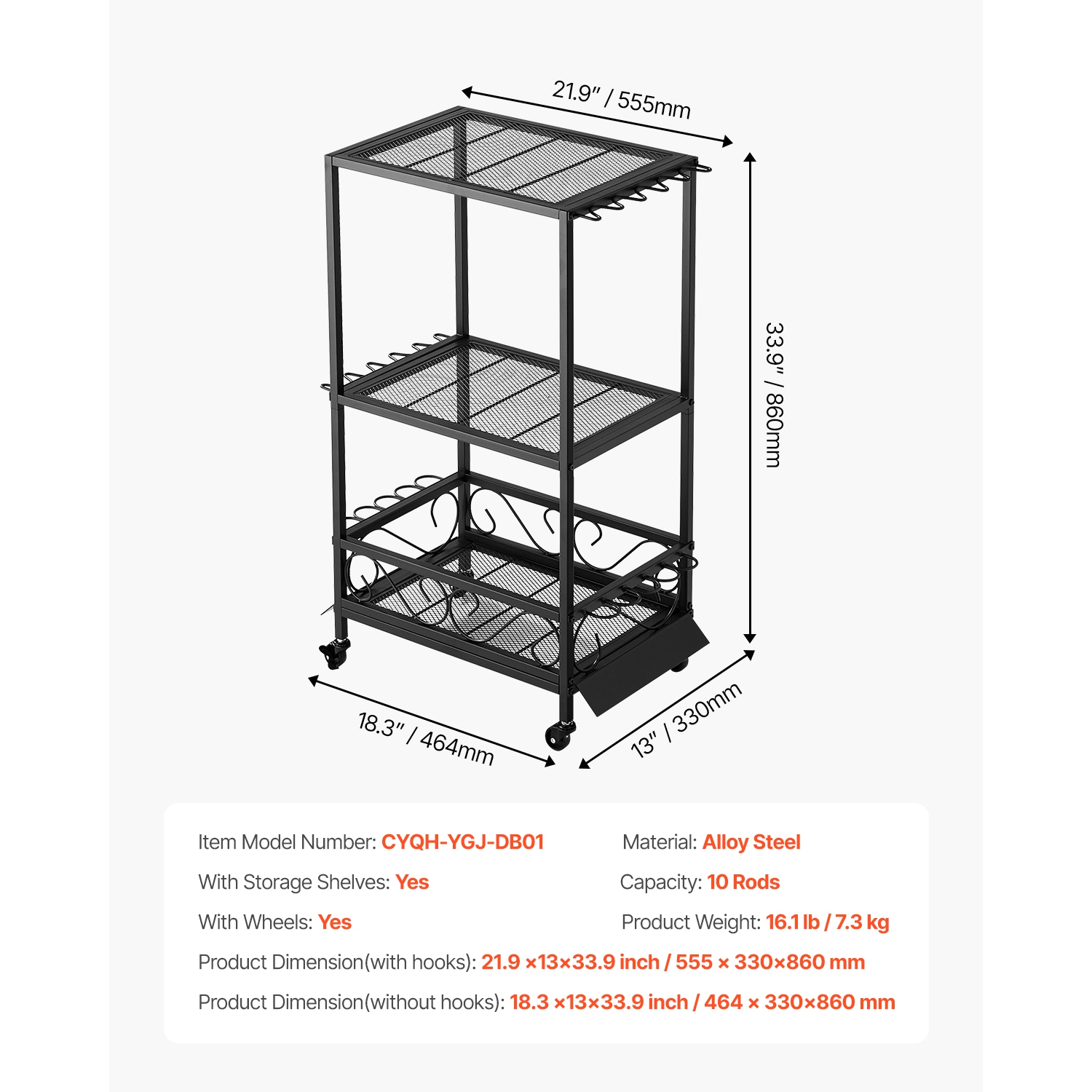 VEVOR 10-Rods Fishing Rod Holder, Mobile Fishing Pole Rack Cart with Wheels, Fish Gear Equipment Organizer for Garage Home Indoor Use, for Tackle Box