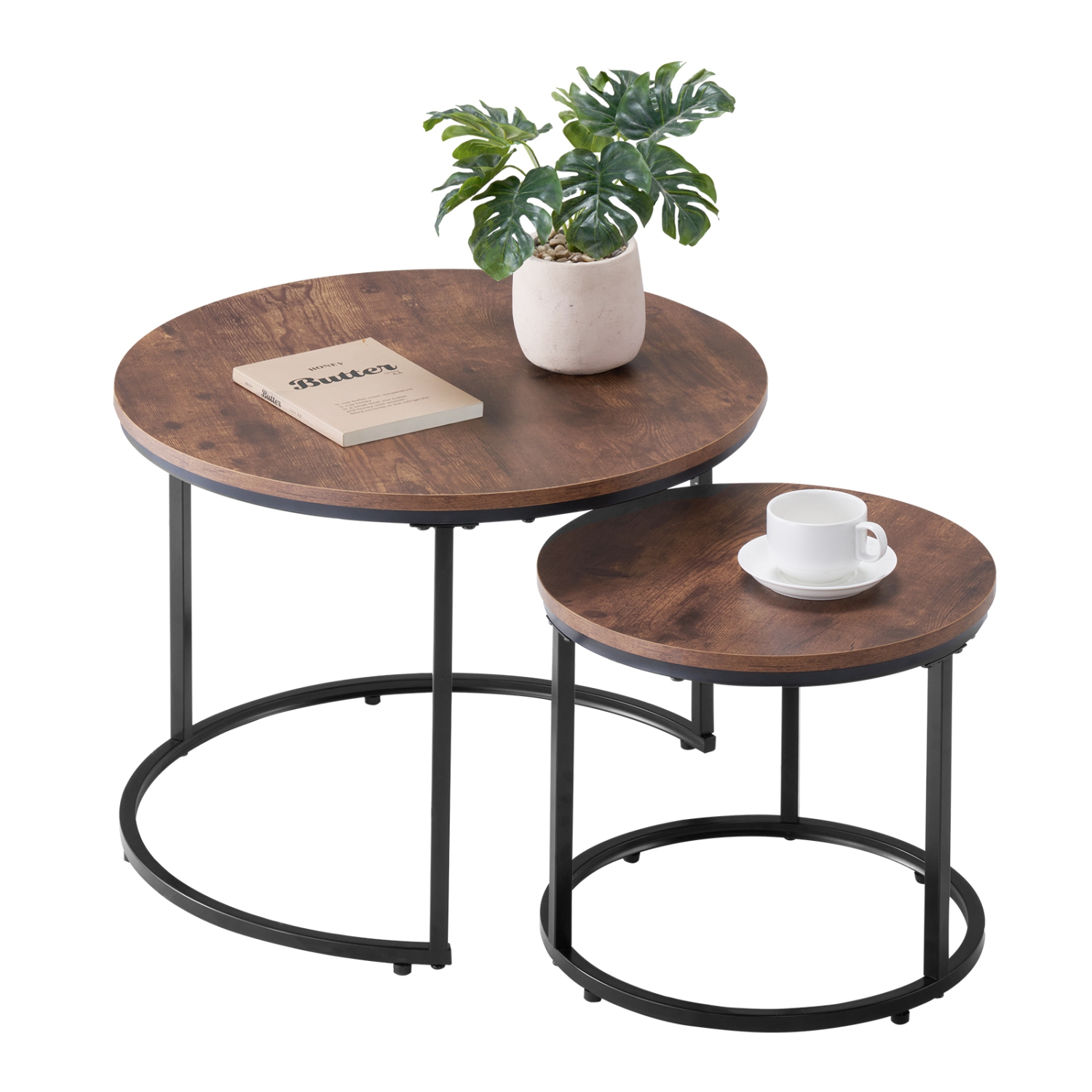 VEVOR 2 Set Nesting Coffee Table, 23.6 in Round Coffee Table, Nesting Tables for Small Place, End Side Tables Night Stand with Metal Frame, for