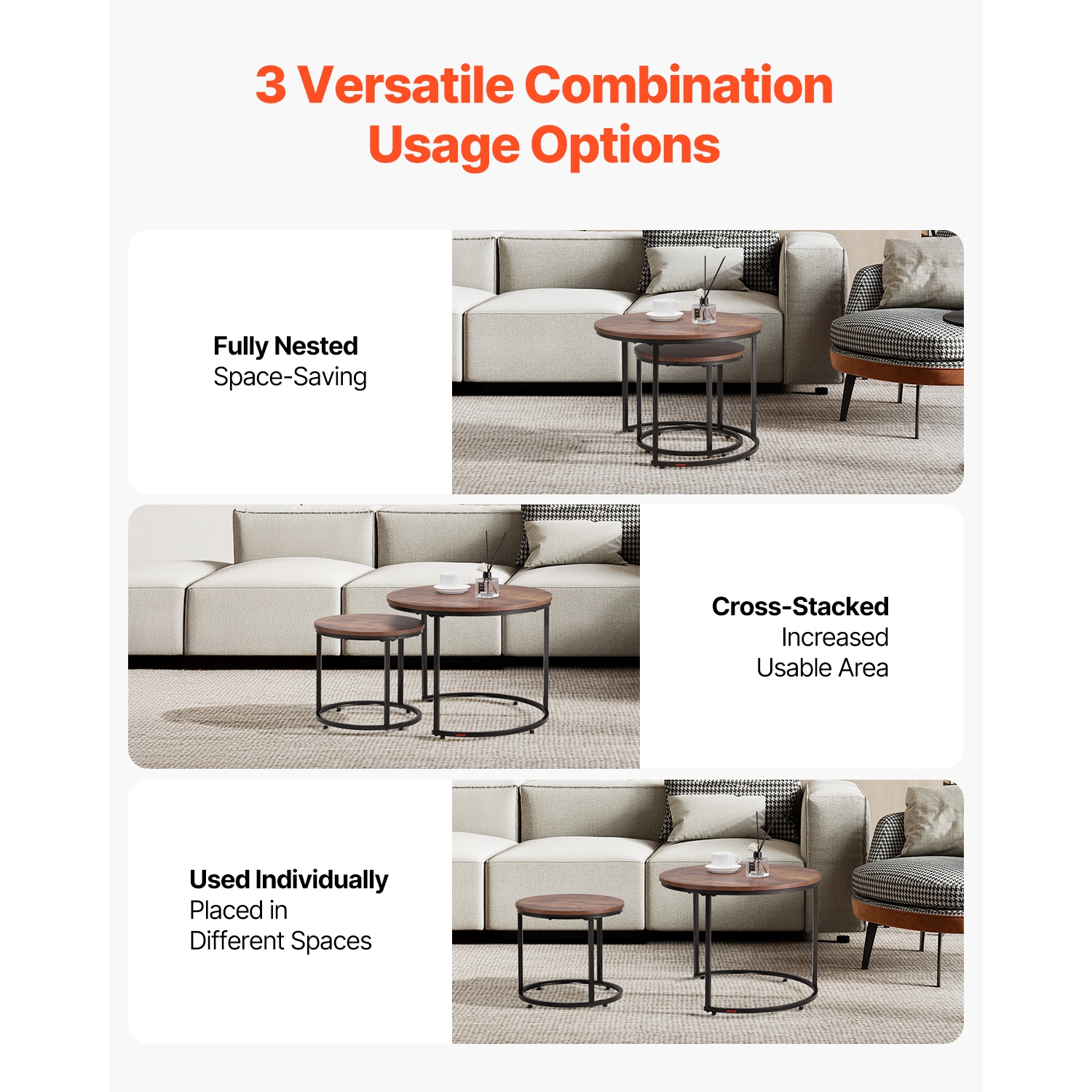 VEVOR 2 Set Nesting Coffee Table, 23.6 in Round Coffee Table, Nesting Tables for Small Place, End Side Tables Night Stand with Metal Frame, for