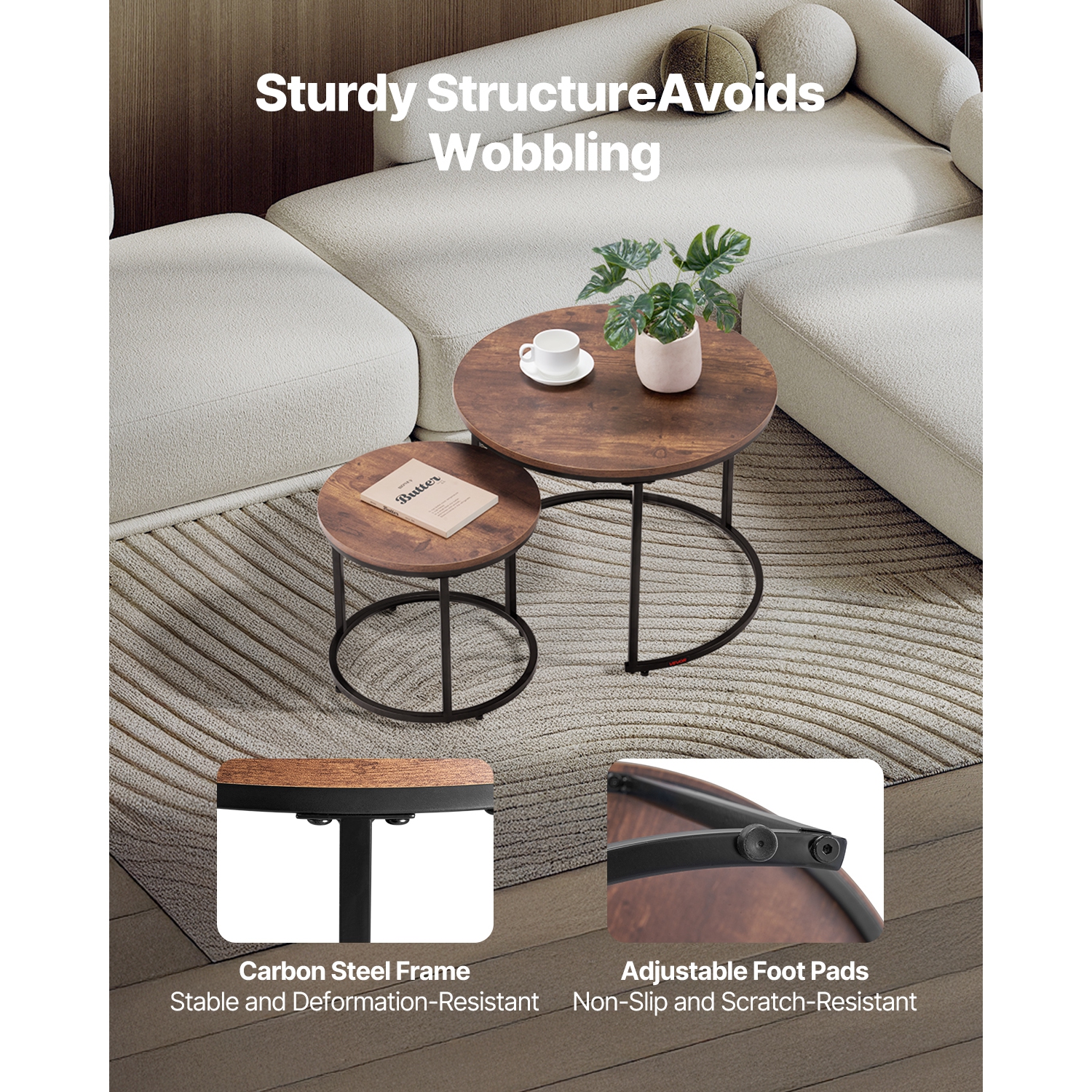 VEVOR 2 Set Nesting Coffee Table, 23.6 in Round Coffee Table, Nesting Tables for Small Place, End Side Tables Night Stand with Metal Frame, for