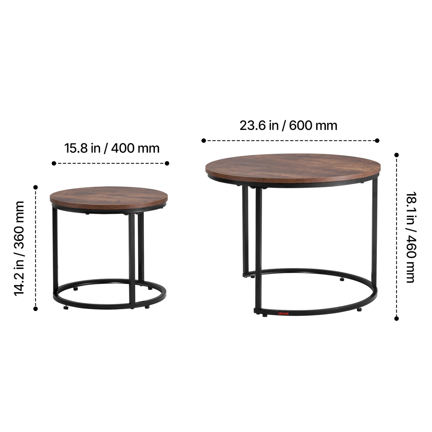 VEVOR 2 Set Nesting Coffee Table, 23.6 in Round Coffee Table, Nesting Tables for Small Place, End Side Tables Night Stand with Metal Frame, for