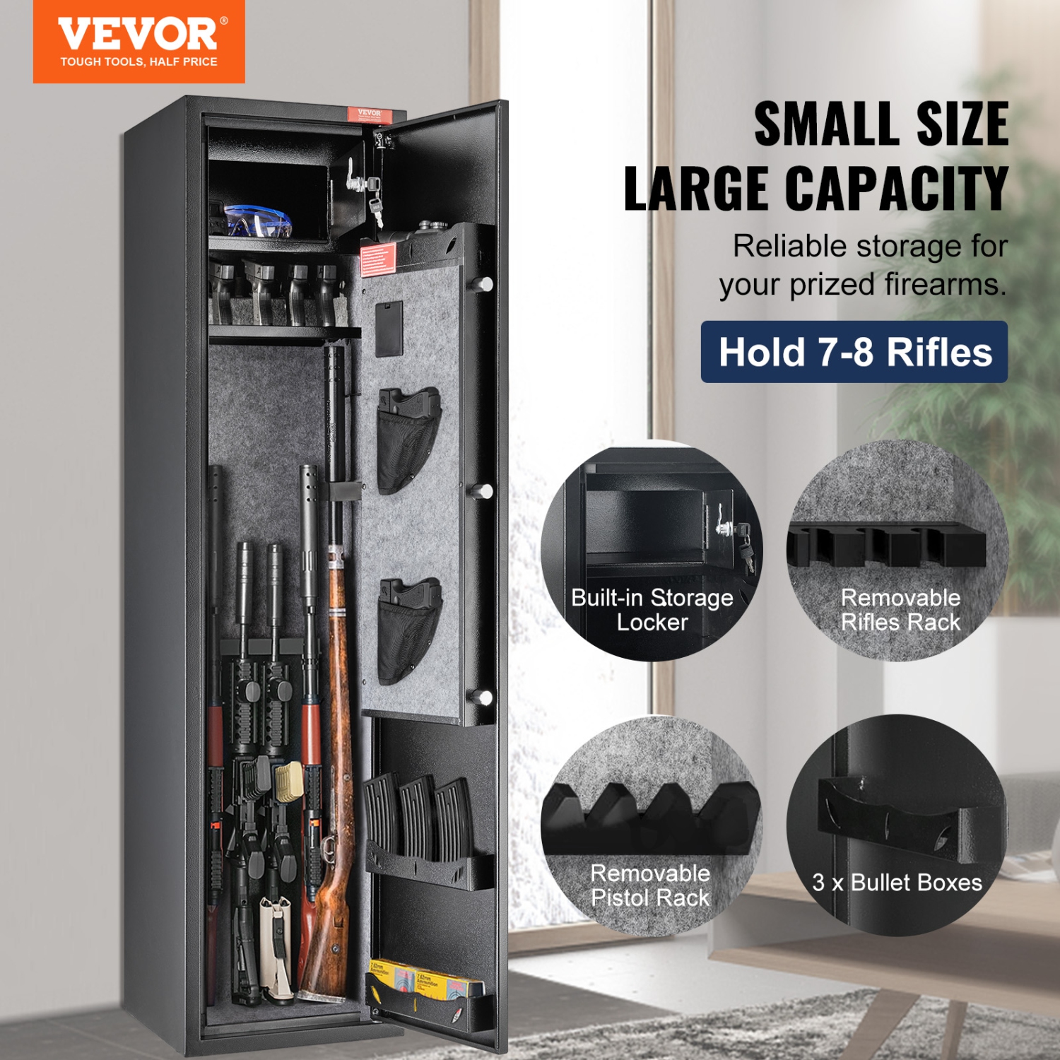 VEVOR 5 Rifles Gun Safe, Rifle Safe with Digital Keypad & Lock, Gun Storage Cabinet with Built-in Storage Locker, Removable Storage Shelf for Home