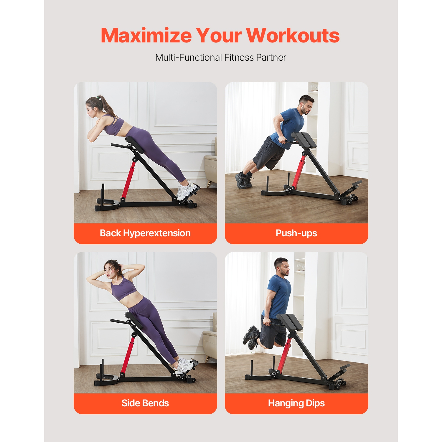 VEVOR 350 lbs Roman Chair Hyperextension Bench, Adjustable Extension Machine, Multi-Function Exercise Equipment for Glute, Hamstring, Lower Back, and