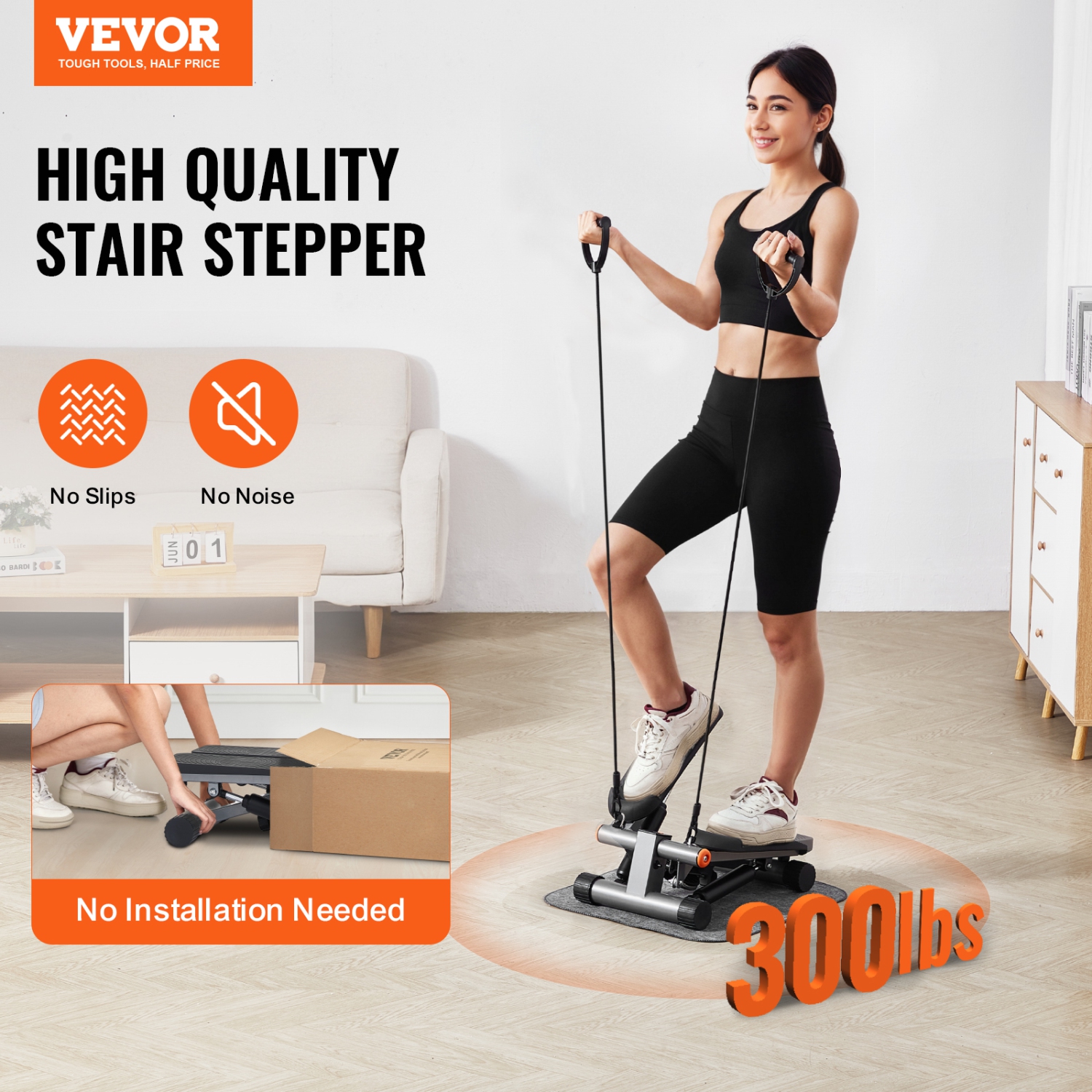 VEVOR 330LBS Stair Stepper, Mini Stepper for Exercise at Home, Hydraulic Fitness Stepper with Resistance Bands, Full Body Workout Cardio Equipment,