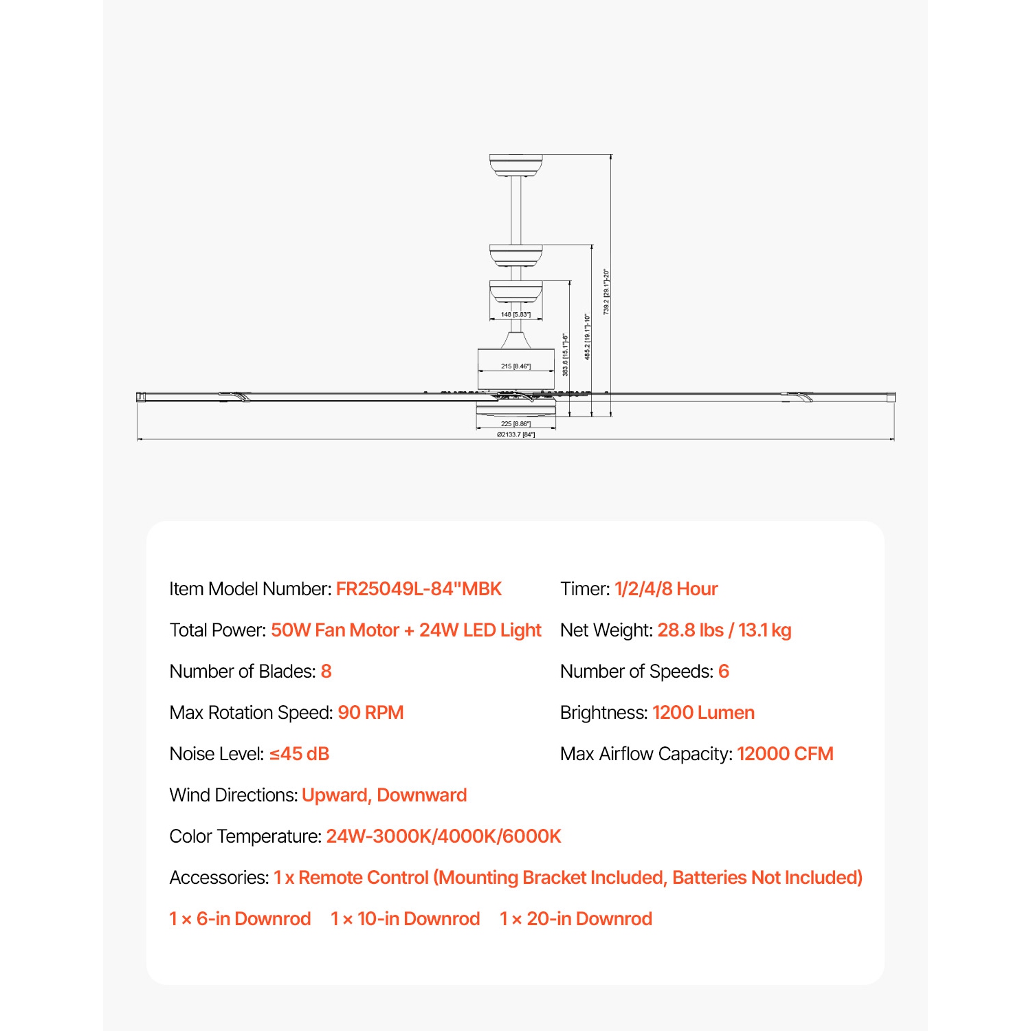 VEVOR 84 Inch Ceiling Fan with Light, 6-Speed Remote Control, Dimmable 3-Color Temperature, Reversible DC Motor, Modern Low Profile Flush Mount Fan