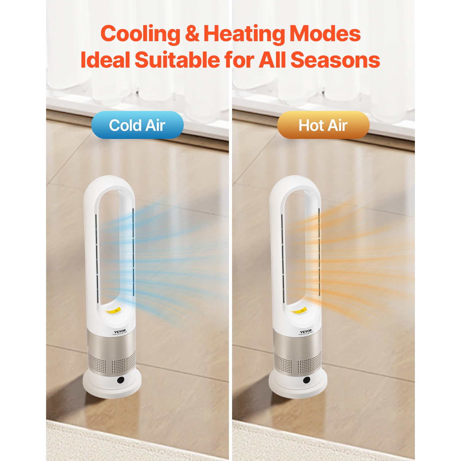 VEVOR 16 ft/s Tower Fan Bladeless, Quiet Floor Fan that Blows Cold & Heating Air, 80° Oscillating Fans with 8 Speeds, 9H Timer, Standing Fans with