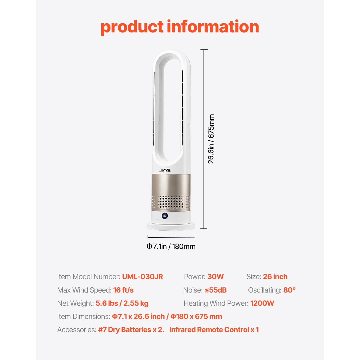 VEVOR 16 ft/s Tower Fan Bladeless, Quiet Floor Fan that Blows Cold & Heating Air, 80° Oscillating Fans with 8 Speeds, 9H Timer, Standing Fans with