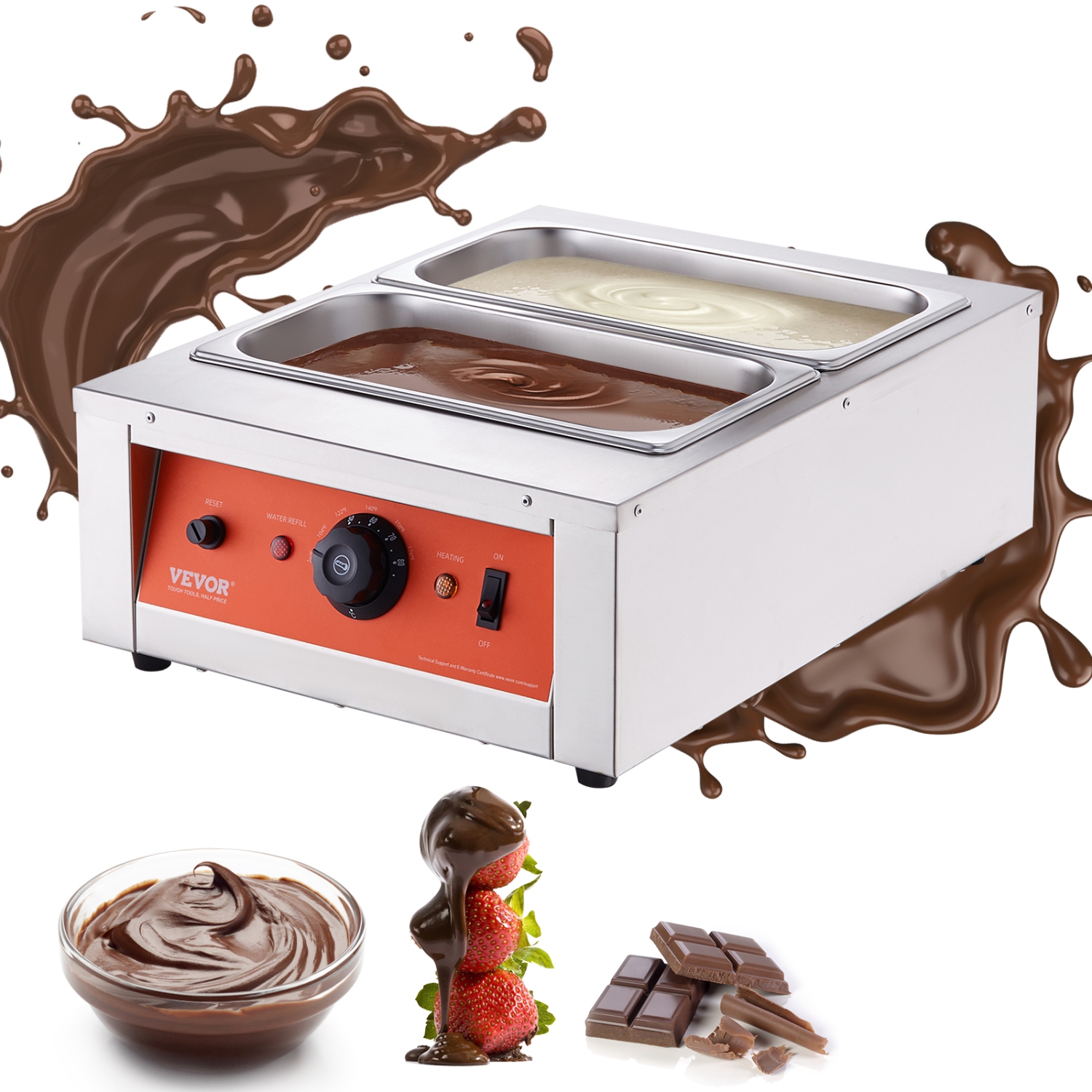 VEVOR 1500W, 17.6 Lbs 2 Tanks Chocolate Tempering Machine, Chocolate Melting Pot TEMP Control 86~185℉, Stainless Steel Electric Commercial Food