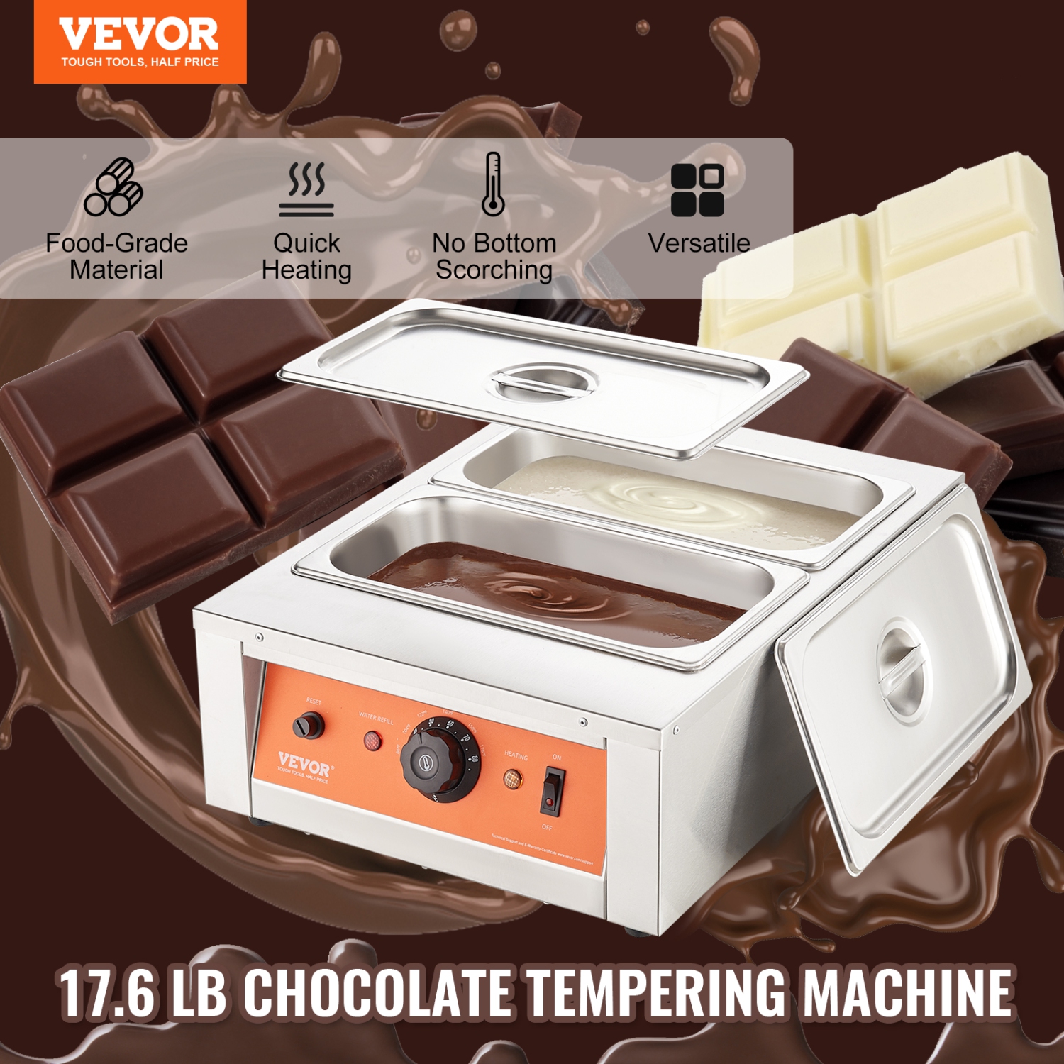 VEVOR 1500W, 17.6 Lbs 2 Tanks Chocolate Tempering Machine, Chocolate Melting Pot TEMP Control 86~185℉, Stainless Steel Electric Commercial Food
