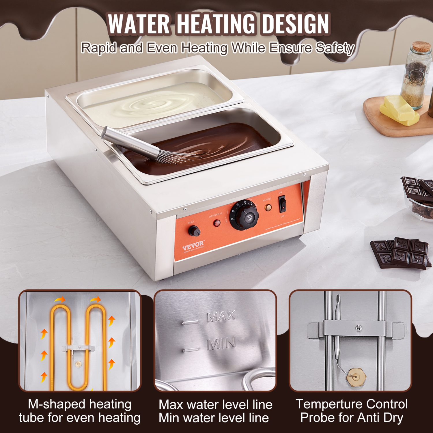 VEVOR 1500W, 17.6 Lbs 2 Tanks Chocolate Tempering Machine, Chocolate Melting Pot TEMP Control 86~185℉, Stainless Steel Electric Commercial Food