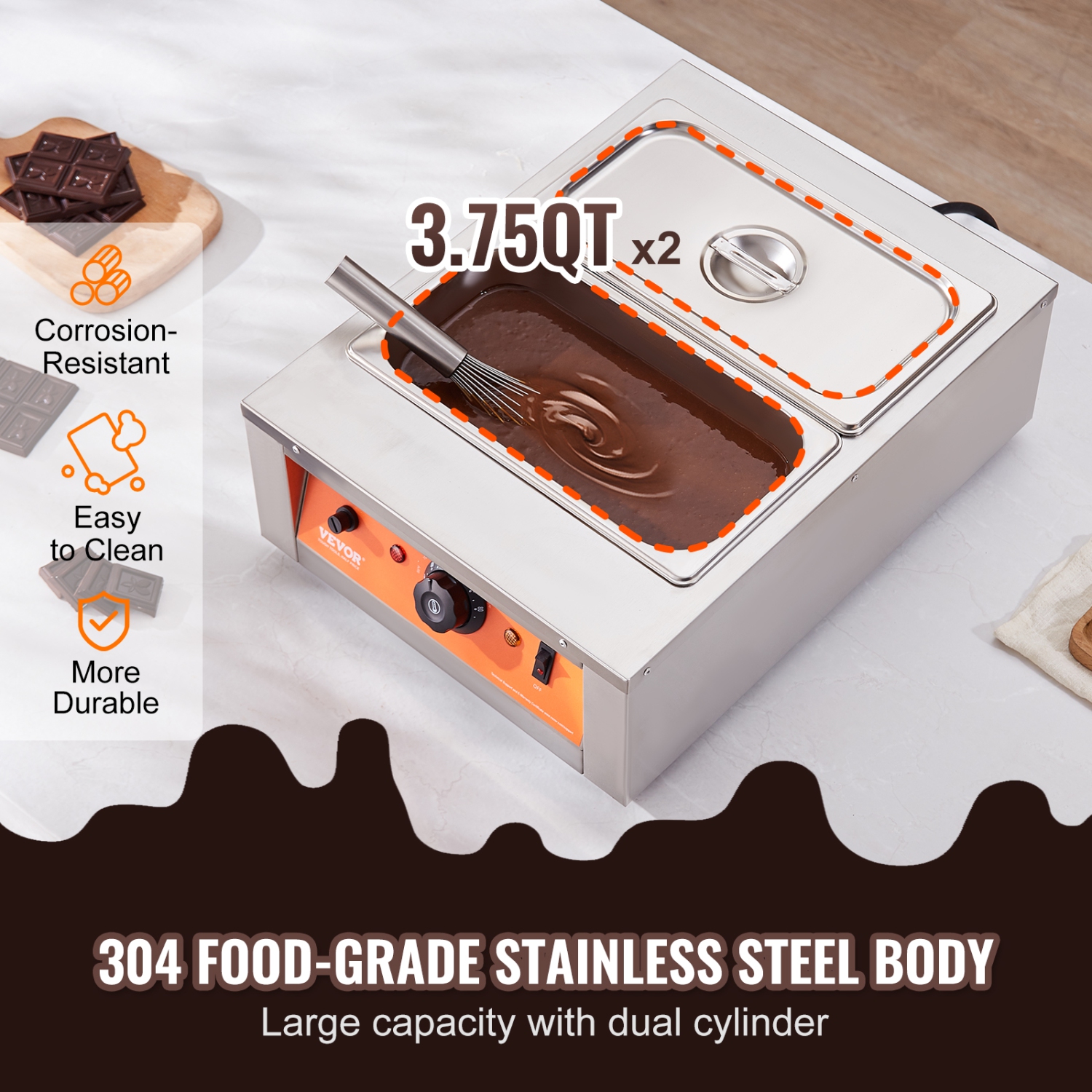 VEVOR 1500W, 17.6 Lbs 2 Tanks Chocolate Tempering Machine, Chocolate Melting Pot TEMP Control 86~185℉, Stainless Steel Electric Commercial Food