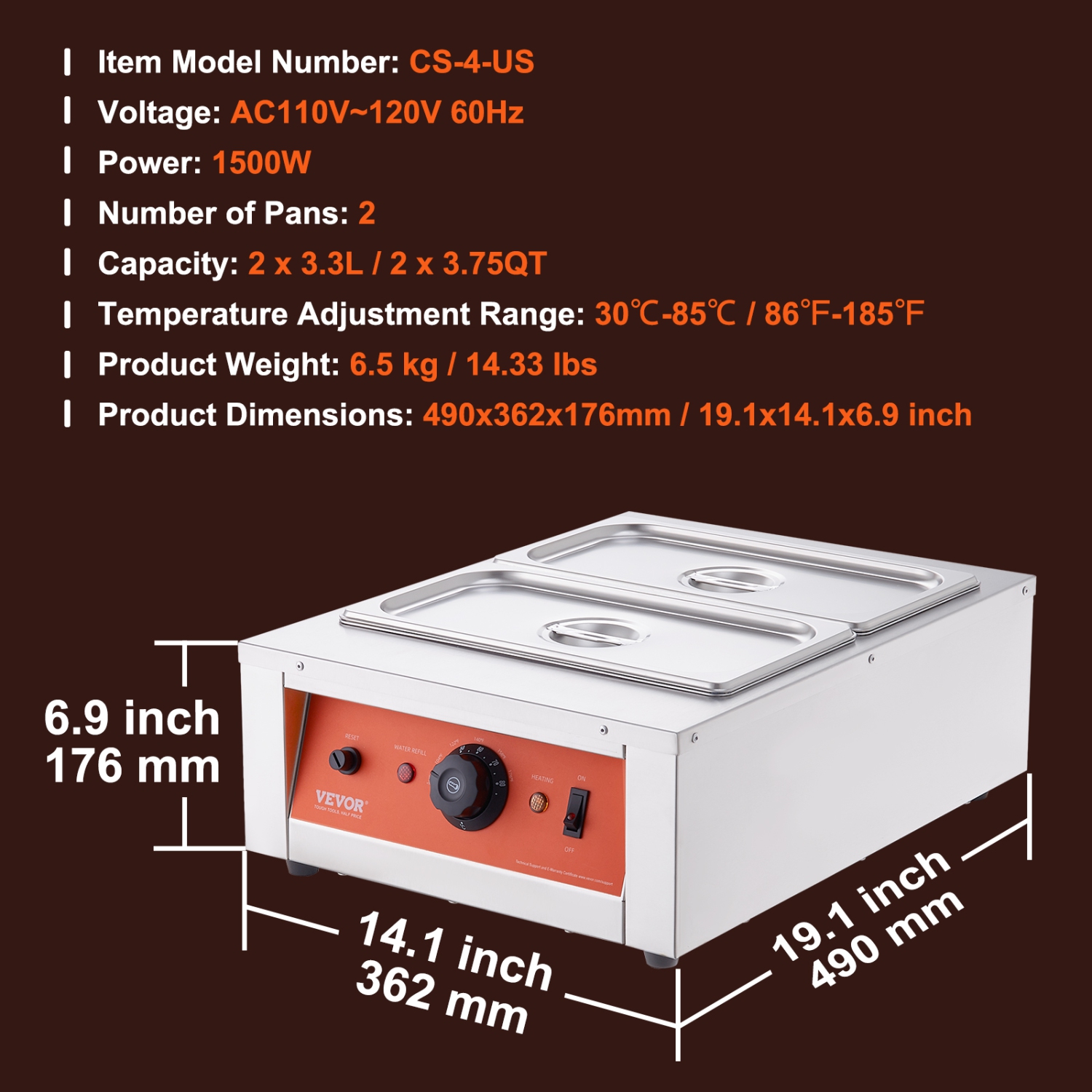 VEVOR 1500W, 17.6 Lbs 2 Tanks Chocolate Tempering Machine, Chocolate Melting Pot TEMP Control 86~185℉, Stainless Steel Electric Commercial Food
