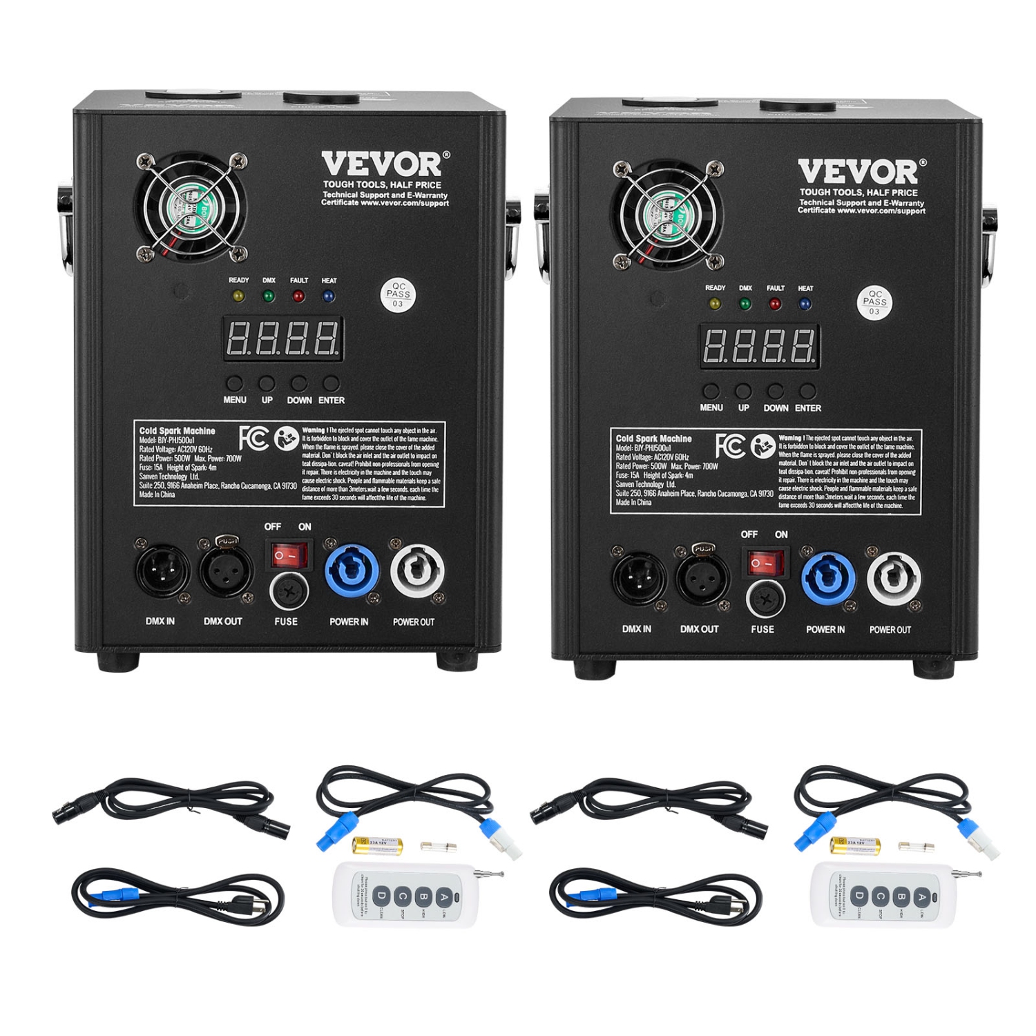 VEVOR 2 Pack 500W Cold Spark Machine, Output Fireworks Controllers, 6.6-13ft Adjustable Height, with Advanced DMX System,LED Screen,Portable Handle, Aluminum Alloy for Stage DJ