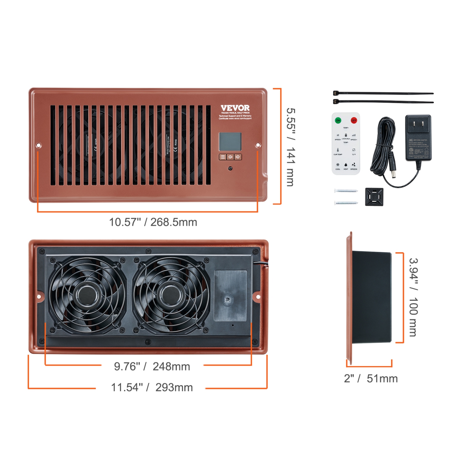 VEVOR 4” x 10” Register Booster Fan, Quiet Vent Booster Fan Fits Register Holes, with Remote Control and Thermostat Control, Adjustable Speed for