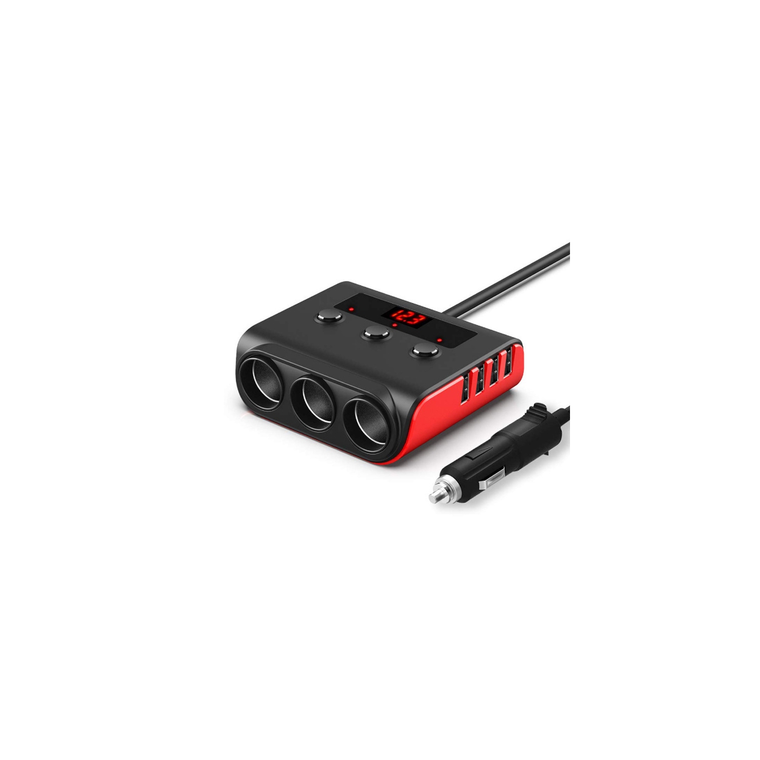 7-in-1 Cigarette Lighter Adapter, 3 Lighter Sockets, 4 USB Ports with LED Voltage Display and Power Switch for 12V/24V Car Devices