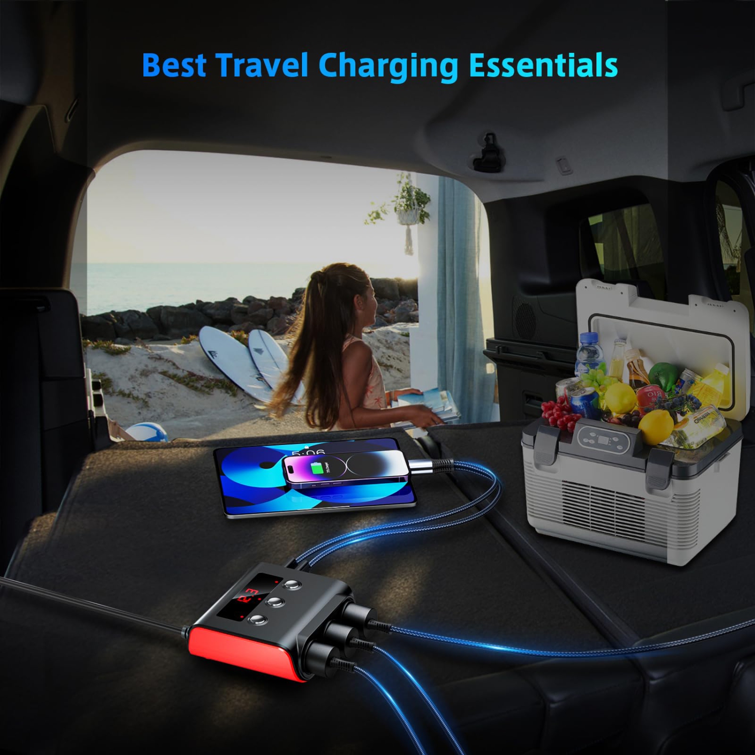 7-in-1 Cigarette Lighter Adapter, 3 Lighter Sockets, 4 USB Ports with LED Voltage Display and Power Switch for 12V/24V Car Devices