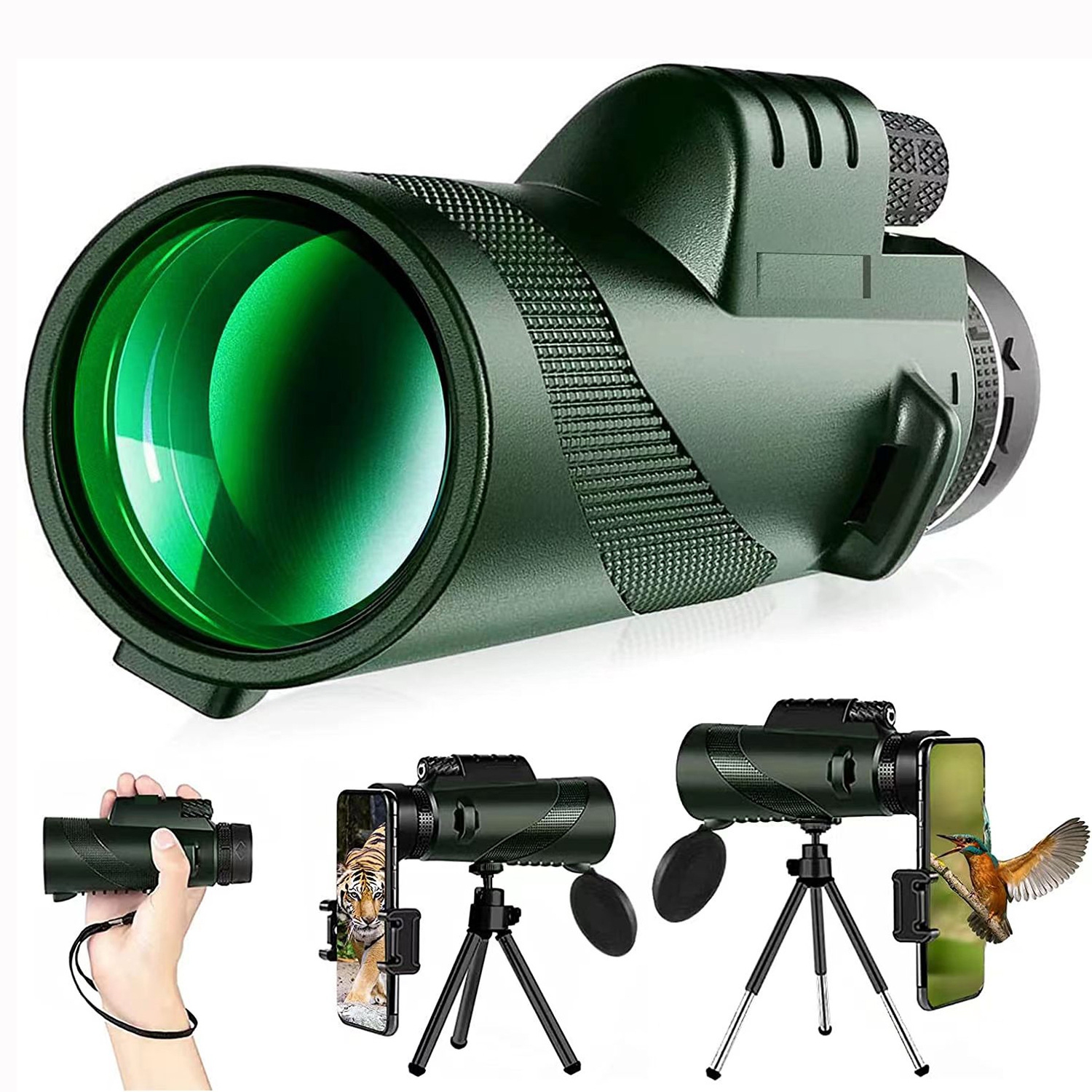 Télescope monoculaire 80x100 pour adultes, grossissement élevé avec trépied pour la chasse, observation d'oiseaux, voyage, camping