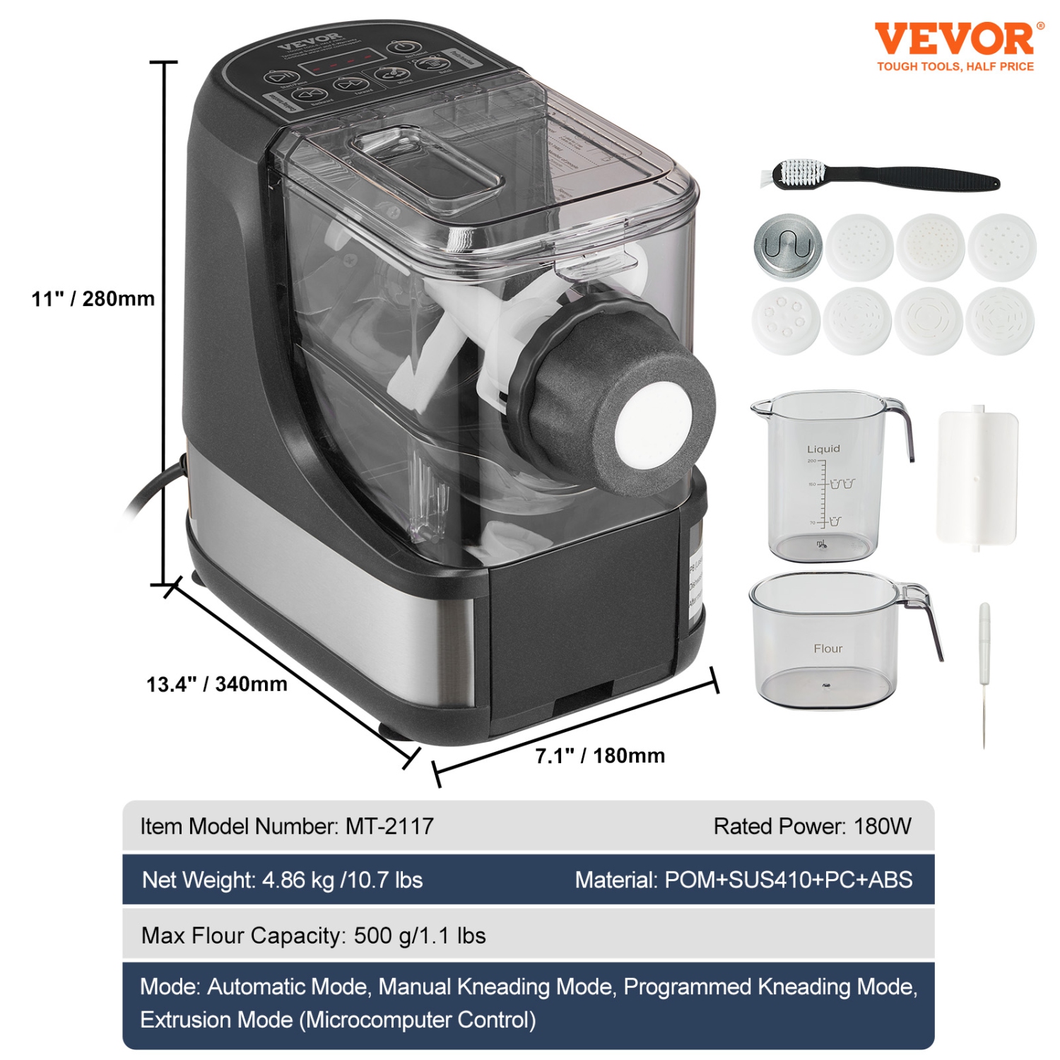 VEVOR 150W Electric Pasta Maker, Automatic Noodle Maker Machine with 8 Pasta Shapes, 4 Intelligent Modes, 500g Flour Capacity Pasta Maker Machine