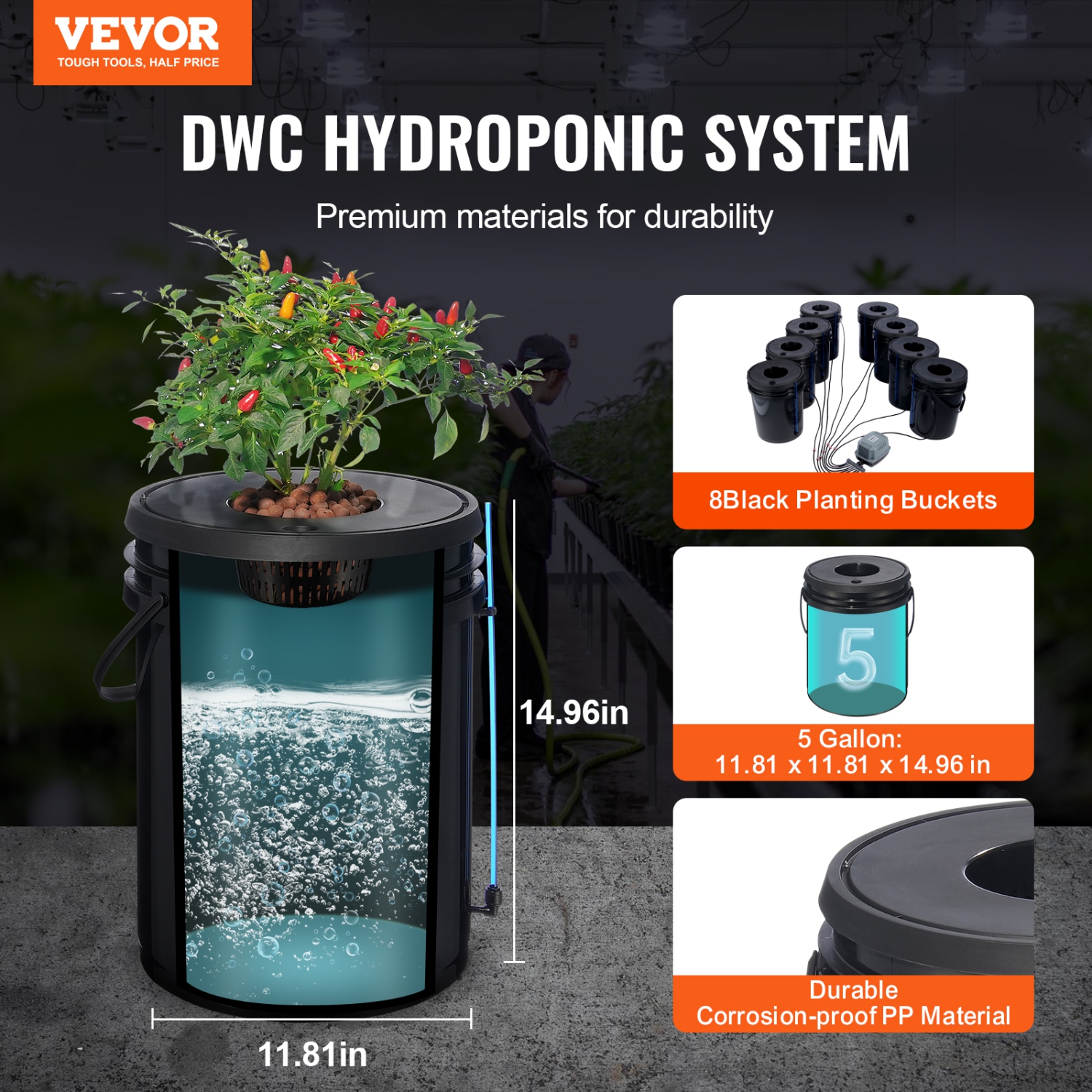 VEVOR 8 Buckets DWC Hydroponic System, 5 Gallon, Deep Water Culture Growing Bucket, Hydroponics Grow Kit with Pump, Air Stone and Water Level Device,
