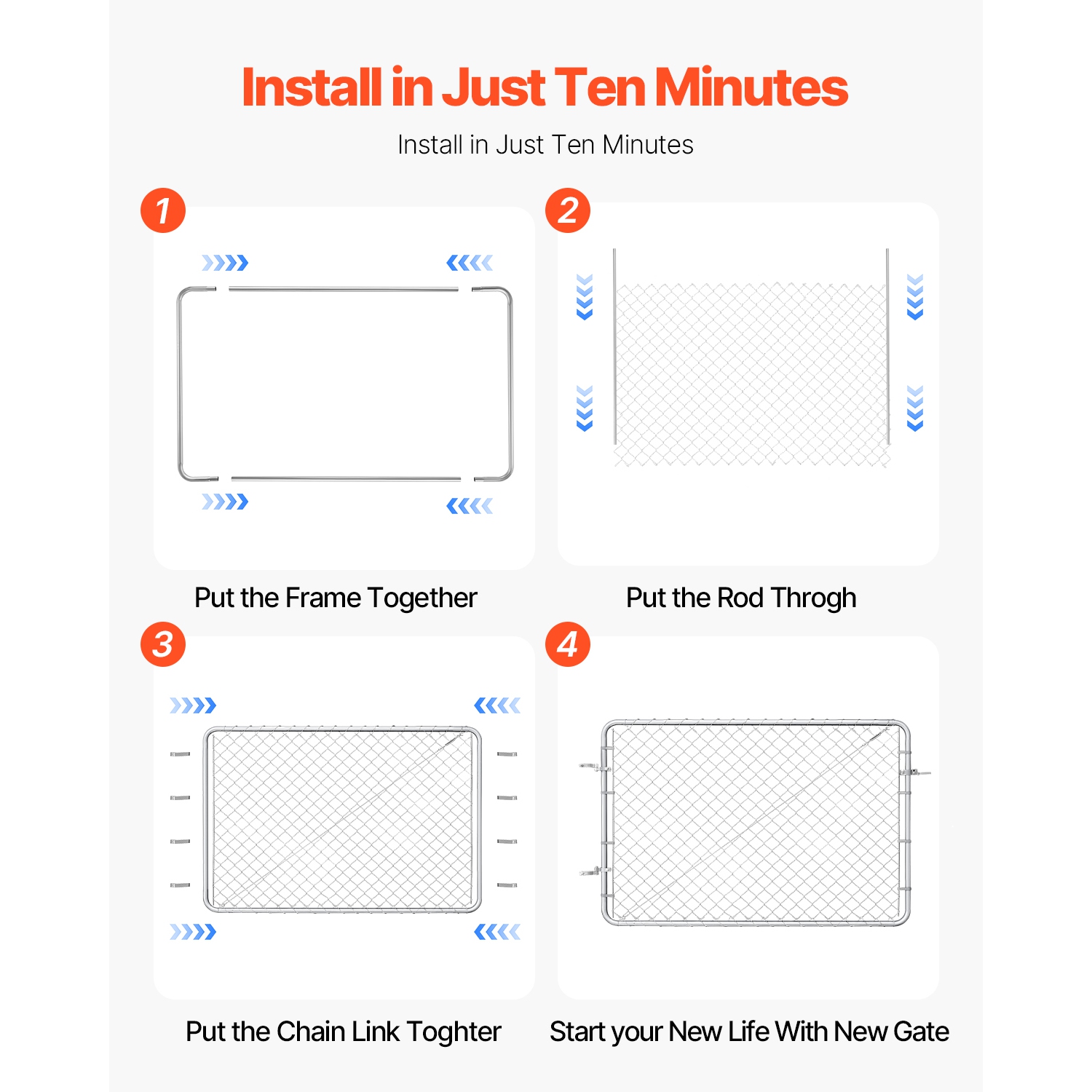 VEVOR 72x48in Chain Link Fence Gate, Adjustable Chain Link Fence Panel, Fit 2.2-6ftx6ft (H) Garden Fence Gate Opening, Rust-Resistant Galvanized