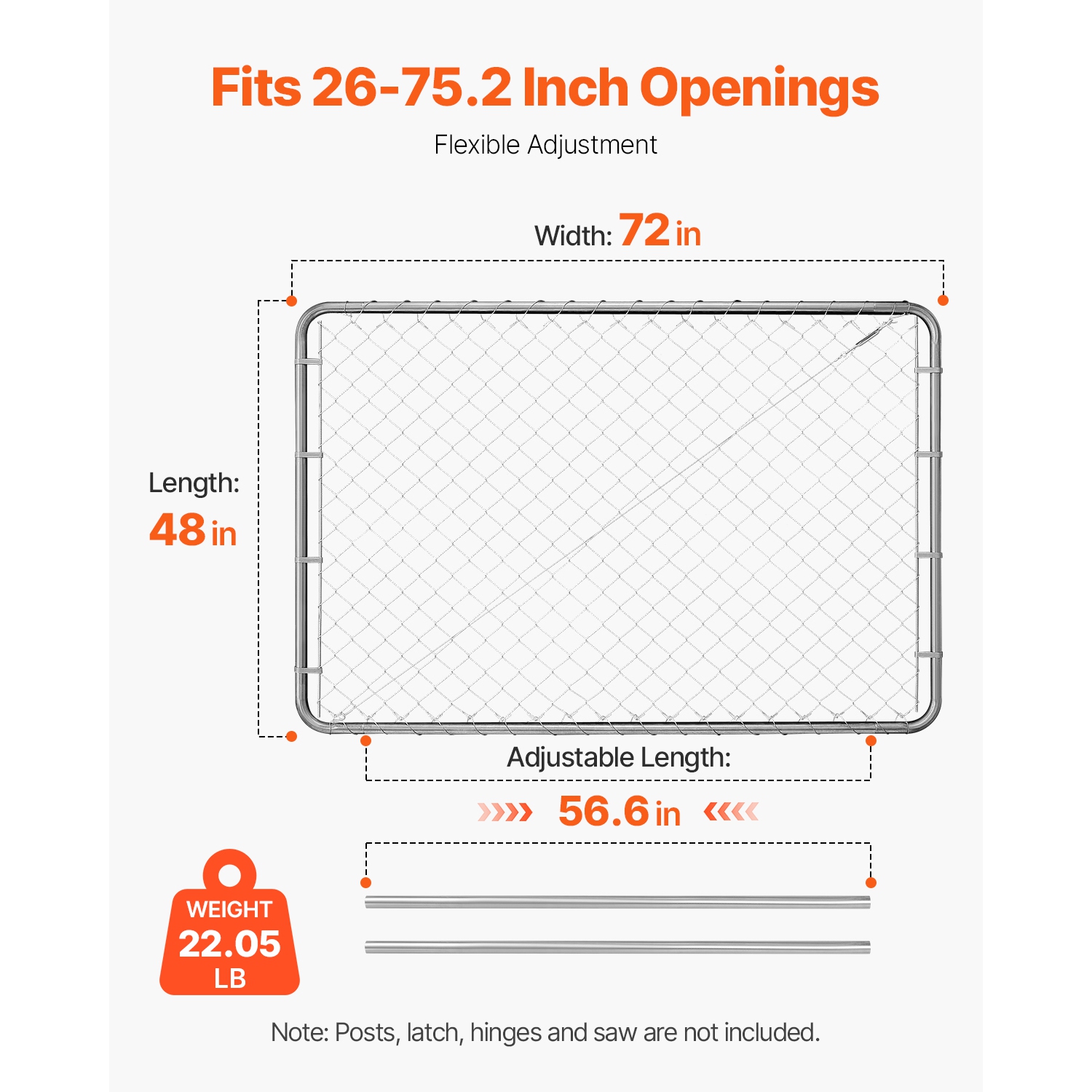 VEVOR 72x48in Chain Link Fence Gate, Adjustable Chain Link Fence Panel, Fit 2.2-6ftx6ft (H) Garden Fence Gate Opening, Rust-Resistant Galvanized