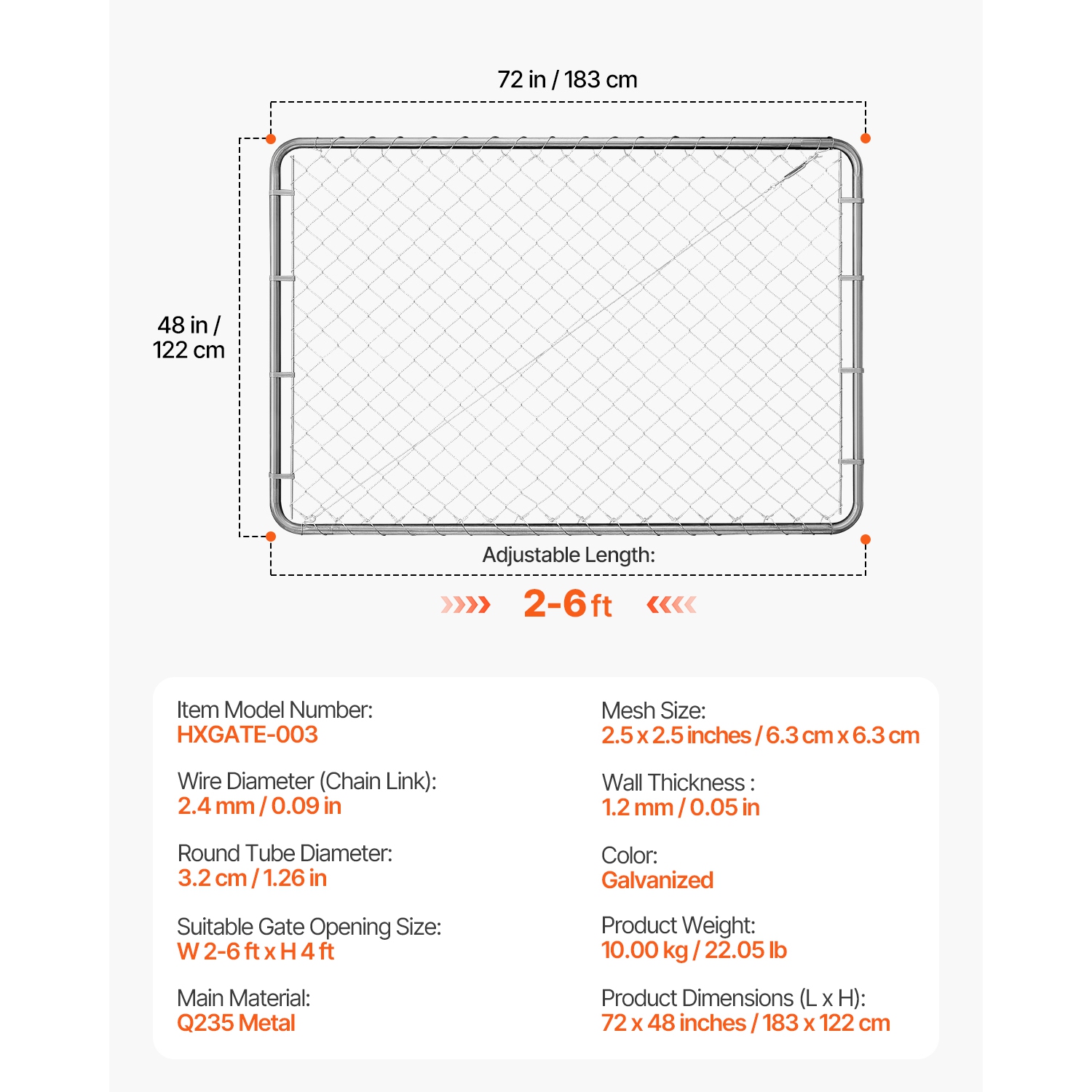VEVOR 72x48in Chain Link Fence Gate, Adjustable Chain Link Fence Panel, Fit 2.2-6ftx6ft (H) Garden Fence Gate Opening, Rust-Resistant Galvanized