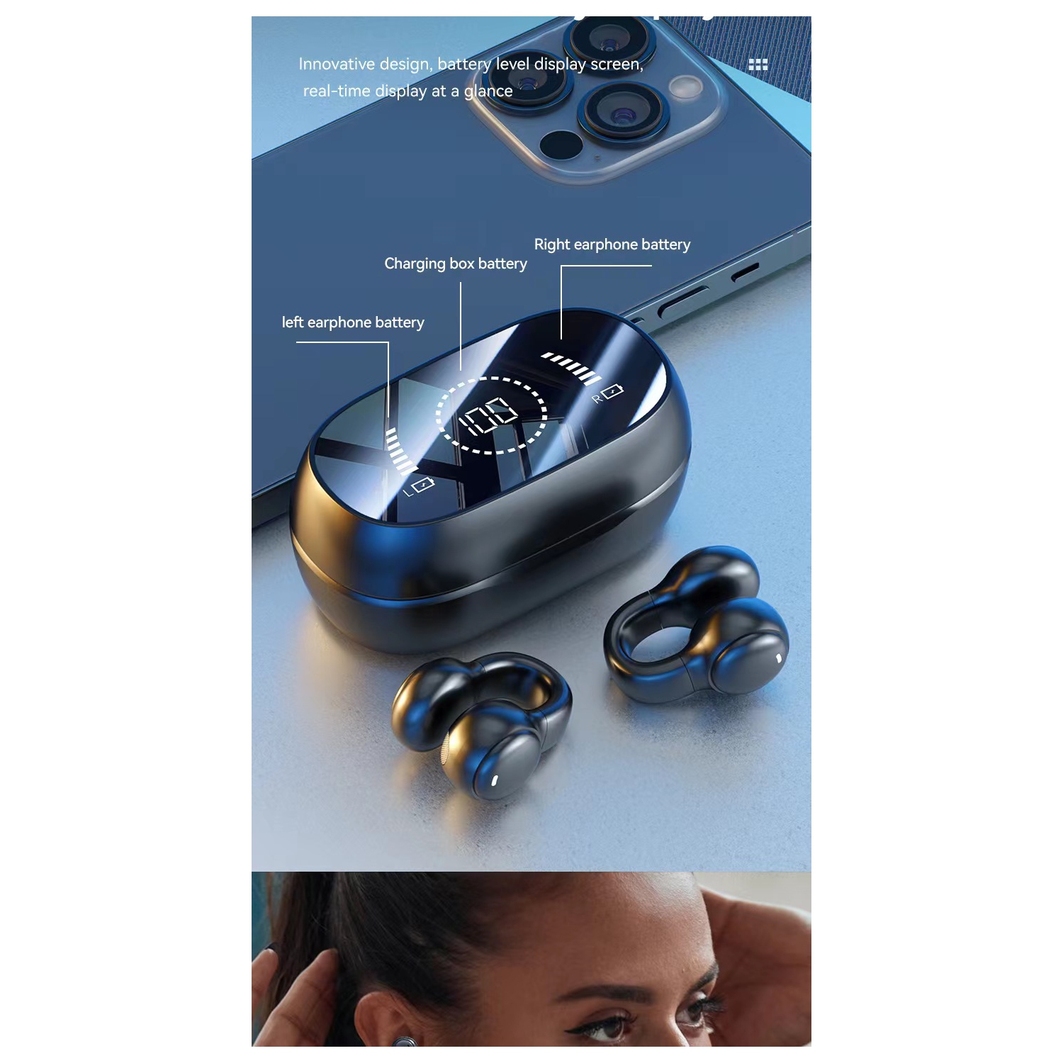 Écouteurs Bluetooth, conduction osseuse sans fil Réduction du bruit pour jeux sportifs Longue autonomie, écouteurs bouton sport étanches à pince