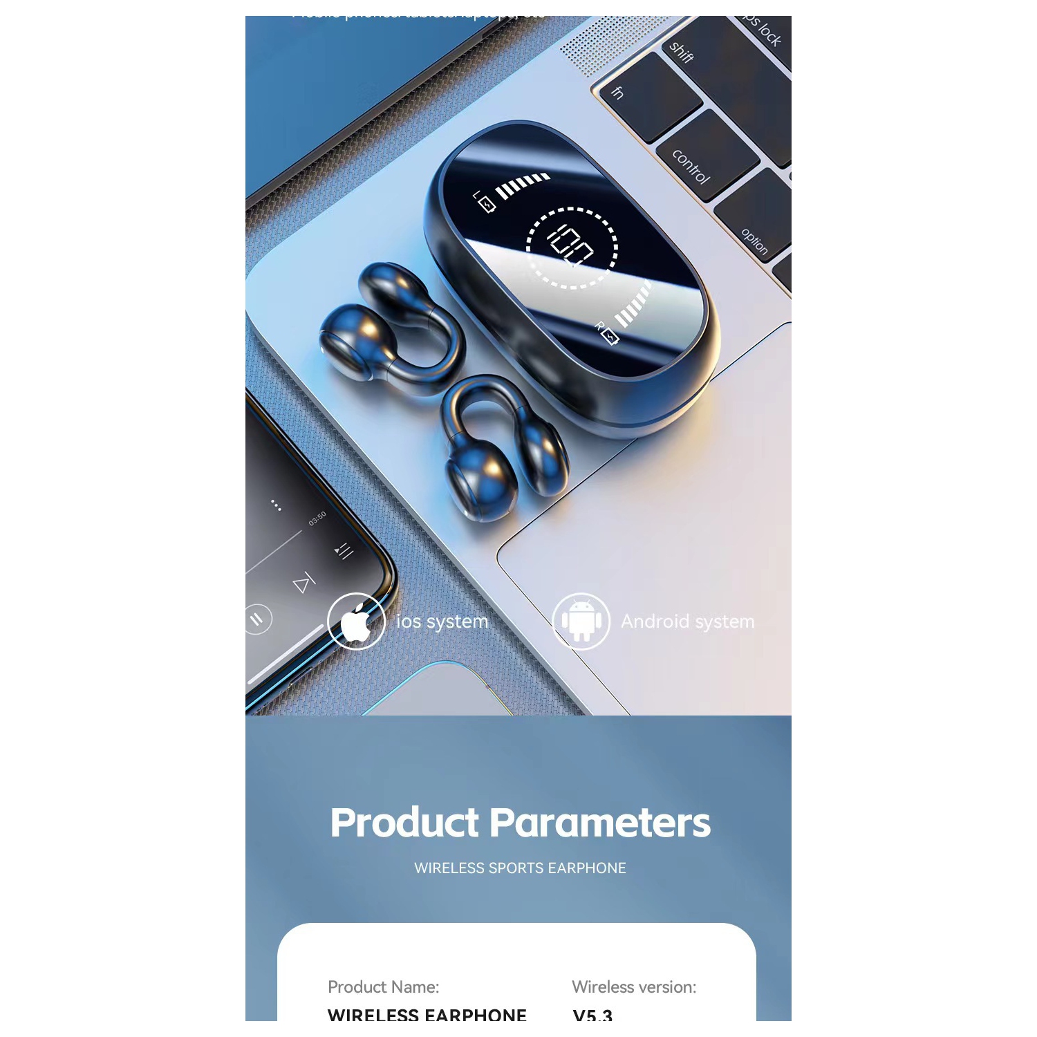 Écouteurs Bluetooth, conduction osseuse sans fil Réduction du bruit de jeu sportif Longue autonomie, Écouteurs bouton sport étanches à pince EarHook