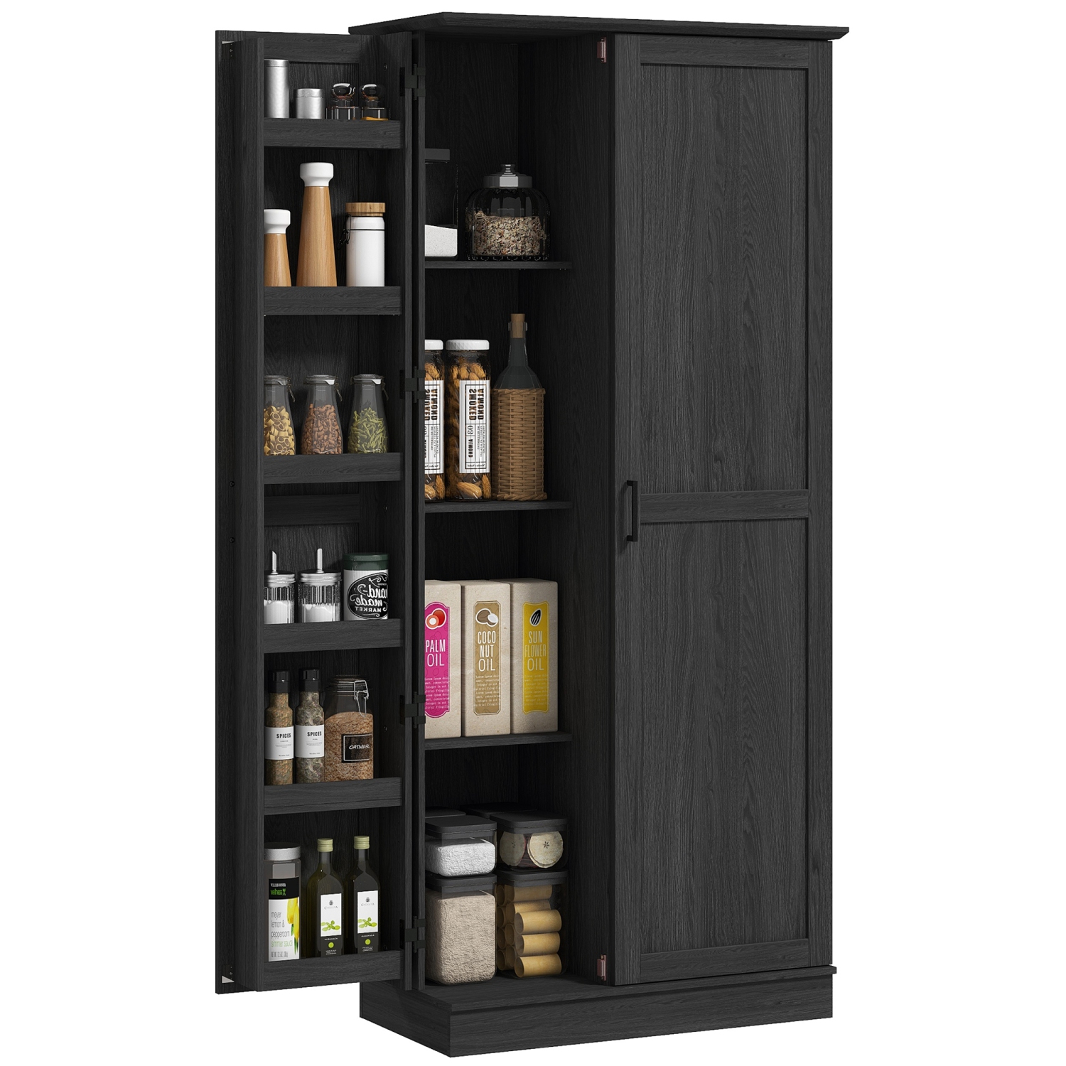 HOMCOM – Armoire garde-manger de 70&nbsp;po, armoire de cuisine autonome rustique, 6 tablettes de porte et tablettes ajustables, grain de bois noir
