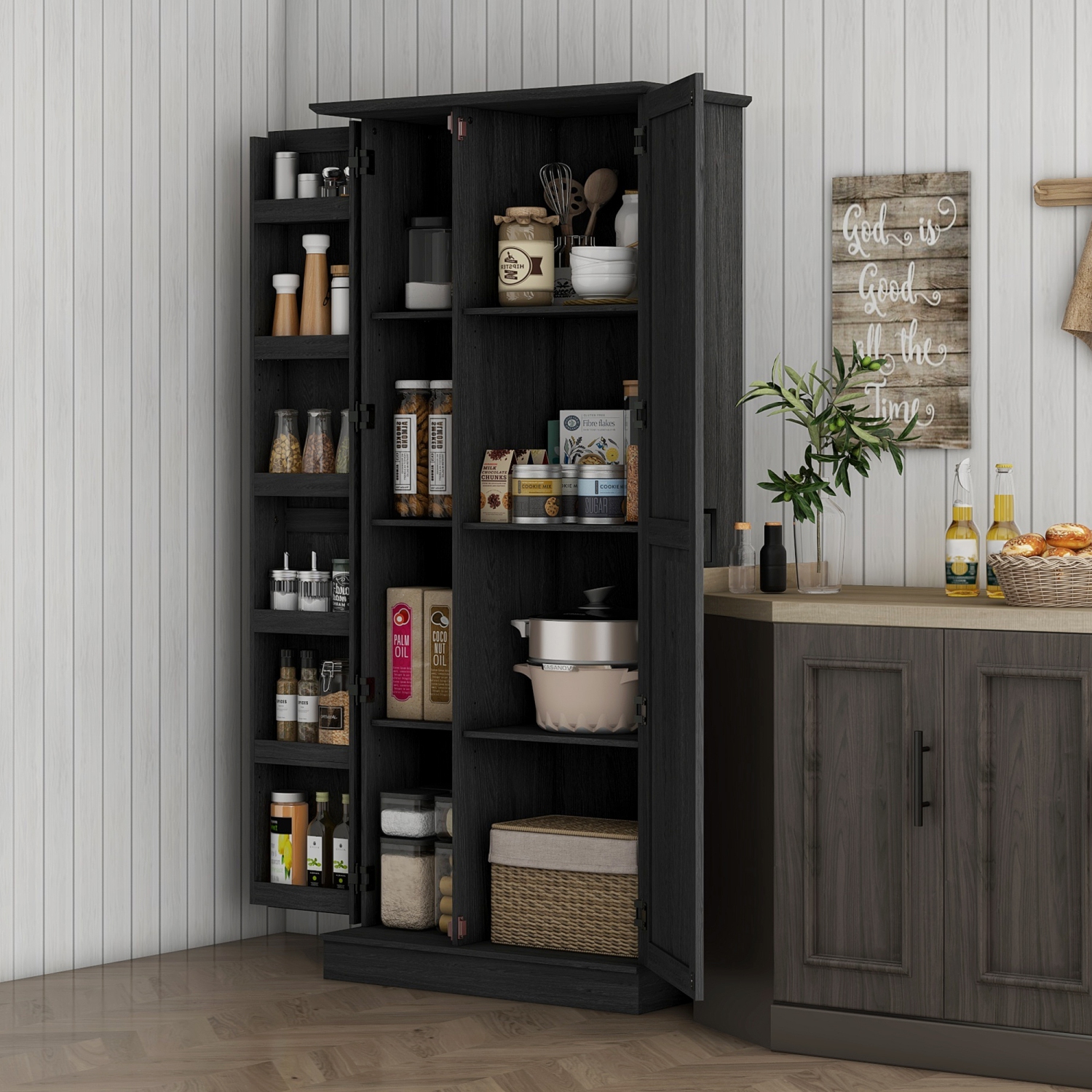 HOMCOM – Armoire garde-manger de 70&nbsp;po, armoire de cuisine autonome rustique, 6 tablettes de porte et tablettes ajustables, grain de bois noir