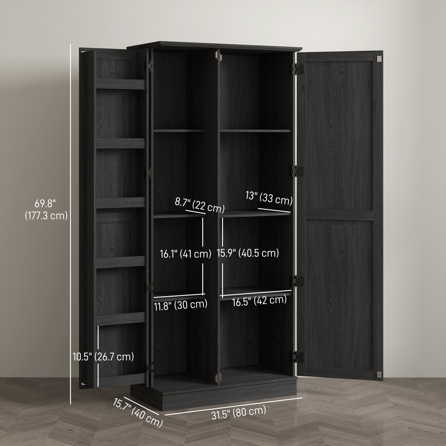 HOMCOM – Armoire garde-manger de 70&nbsp;po, armoire de cuisine autonome rustique, 6 tablettes de porte et tablettes ajustables, grain de bois noir