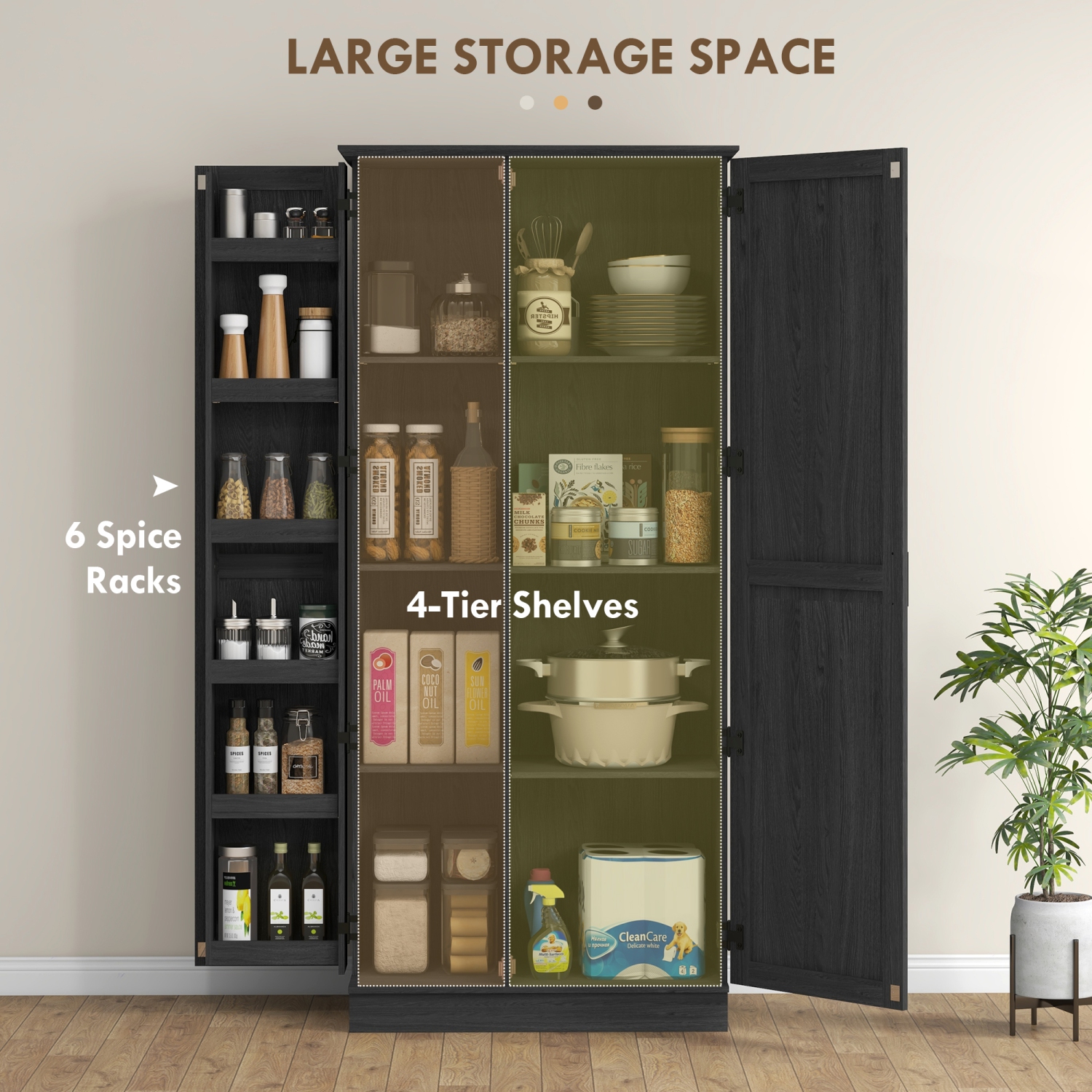 HOMCOM – Armoire garde-manger de 70&nbsp;po, armoire de cuisine autonome rustique, 6 tablettes de porte et tablettes ajustables, grain de bois noir
