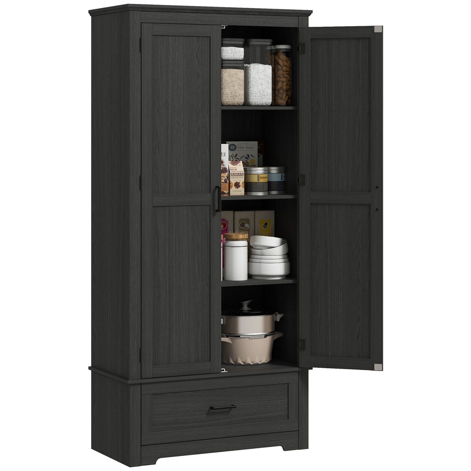HOMCOM 69" Tall Kitchen Pantry Storage Cabinet, Farmhouse Freestanding Pantry Cabinet with 2 Doors, Drawer and Adjustable Shelves, Black Wood Grain
