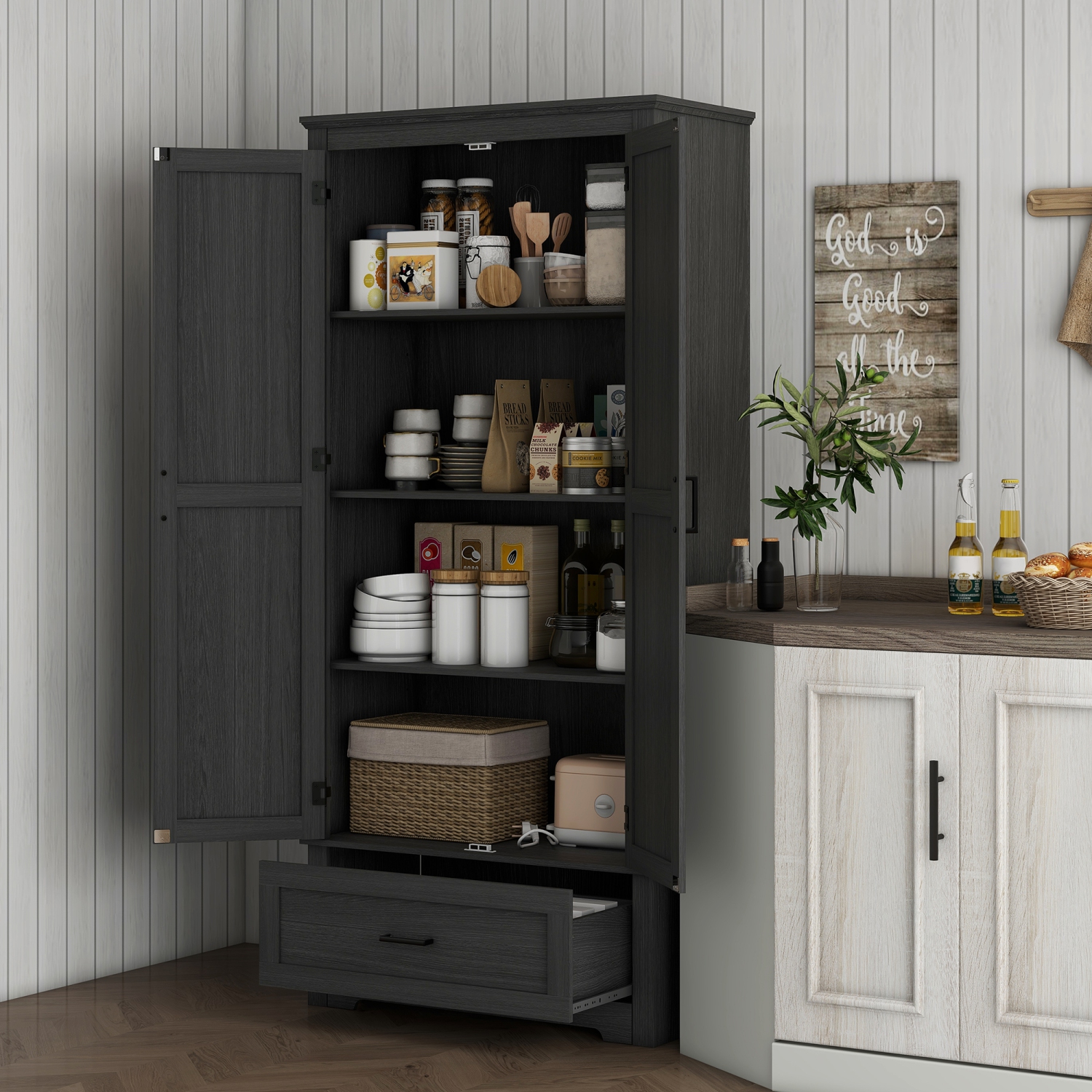 HOMCOM 69" Tall Kitchen Pantry Storage Cabinet, Farmhouse Freestanding Pantry Cabinet with 2 Doors, Drawer and Adjustable Shelves, Black Wood Grain