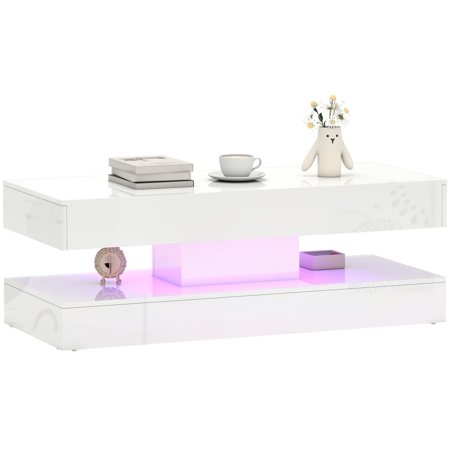 HOMCOM – Table basse avec rangement LED, table centrale moderne avec 2 tiroirs, tablette ouverte et télécommande pour salon, blanc lustré