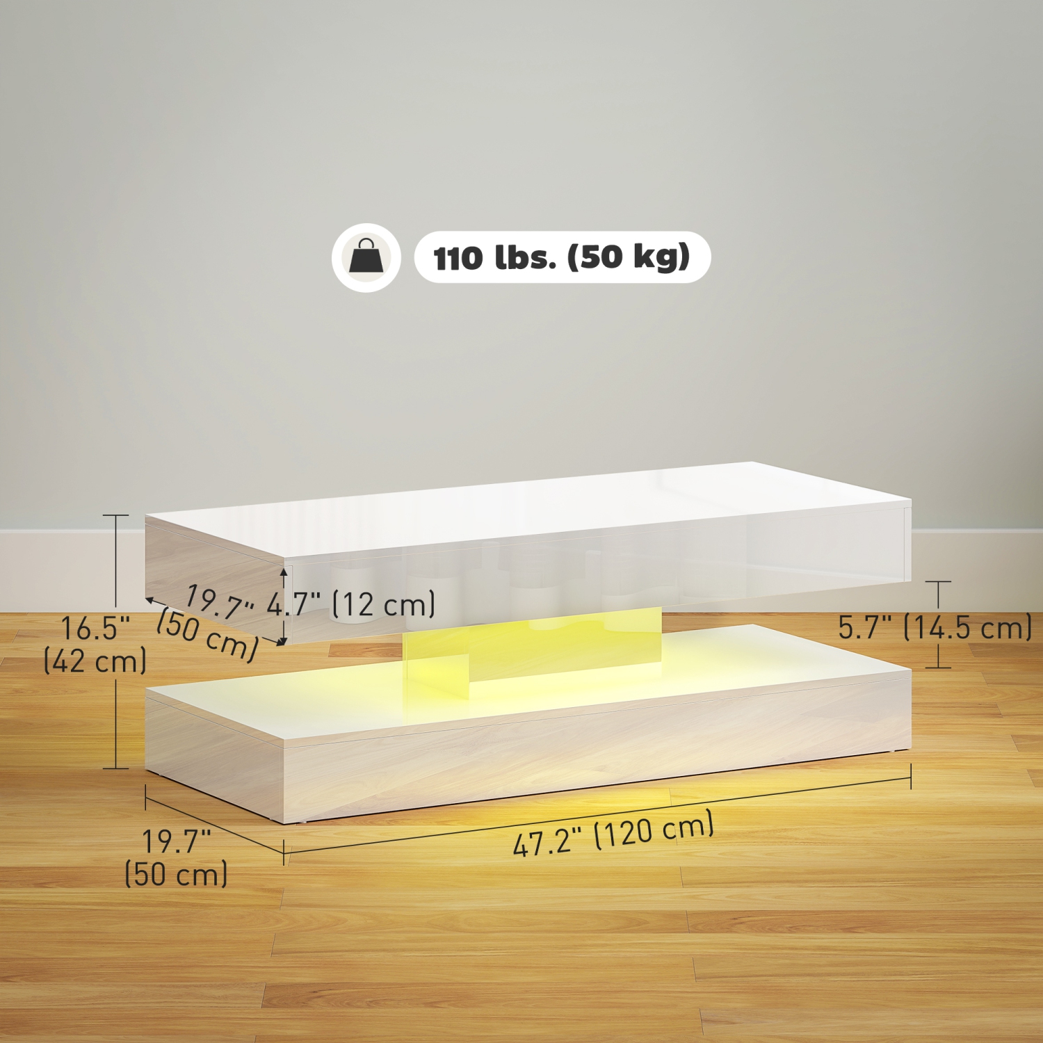 HOMCOM – Table basse avec rangement LED, table centrale moderne avec 2 tiroirs, tablette ouverte et télécommande pour salon, blanc lustré