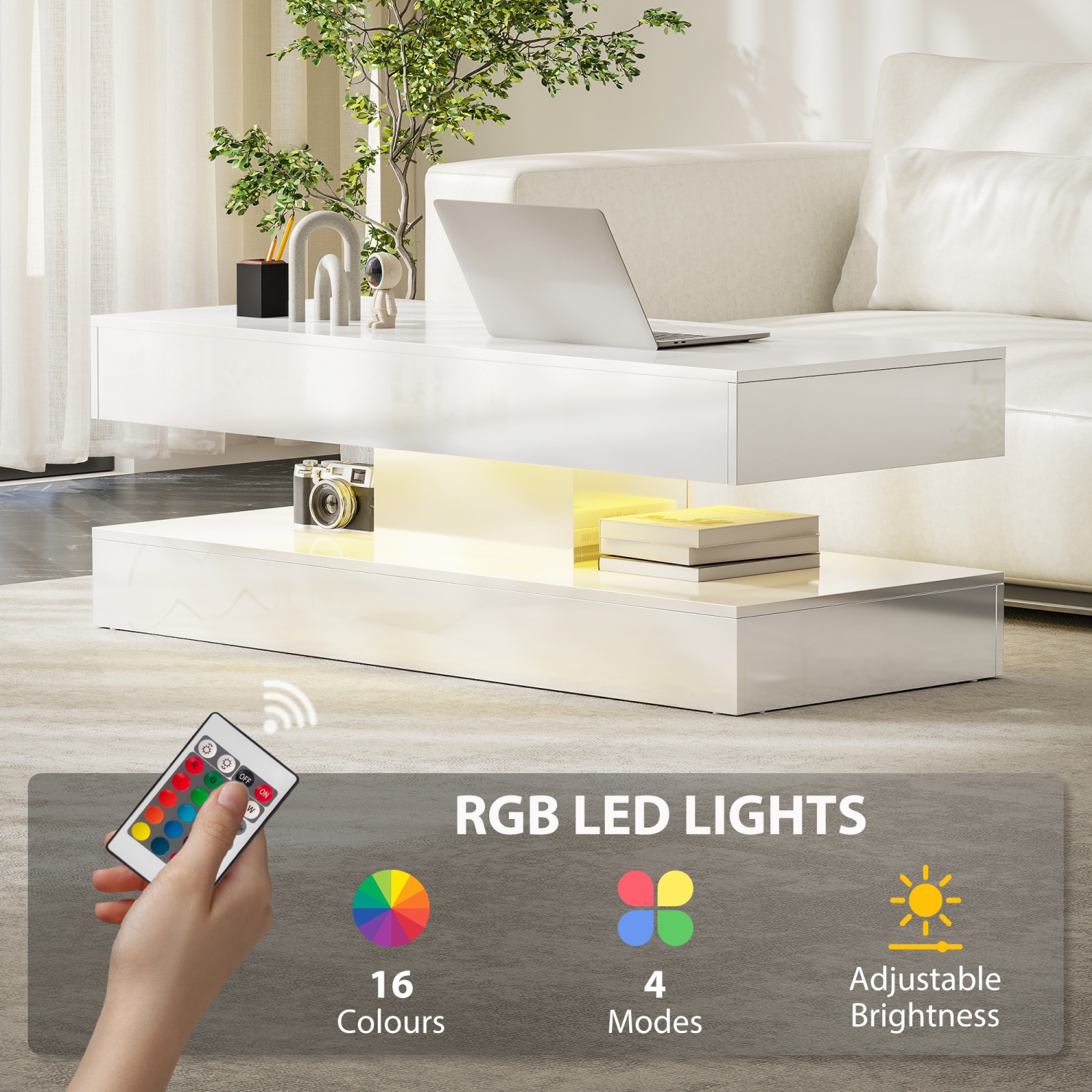 HOMCOM – Table basse avec rangement LED, table centrale moderne avec 2 tiroirs, tablette ouverte et télécommande pour salon, blanc lustré