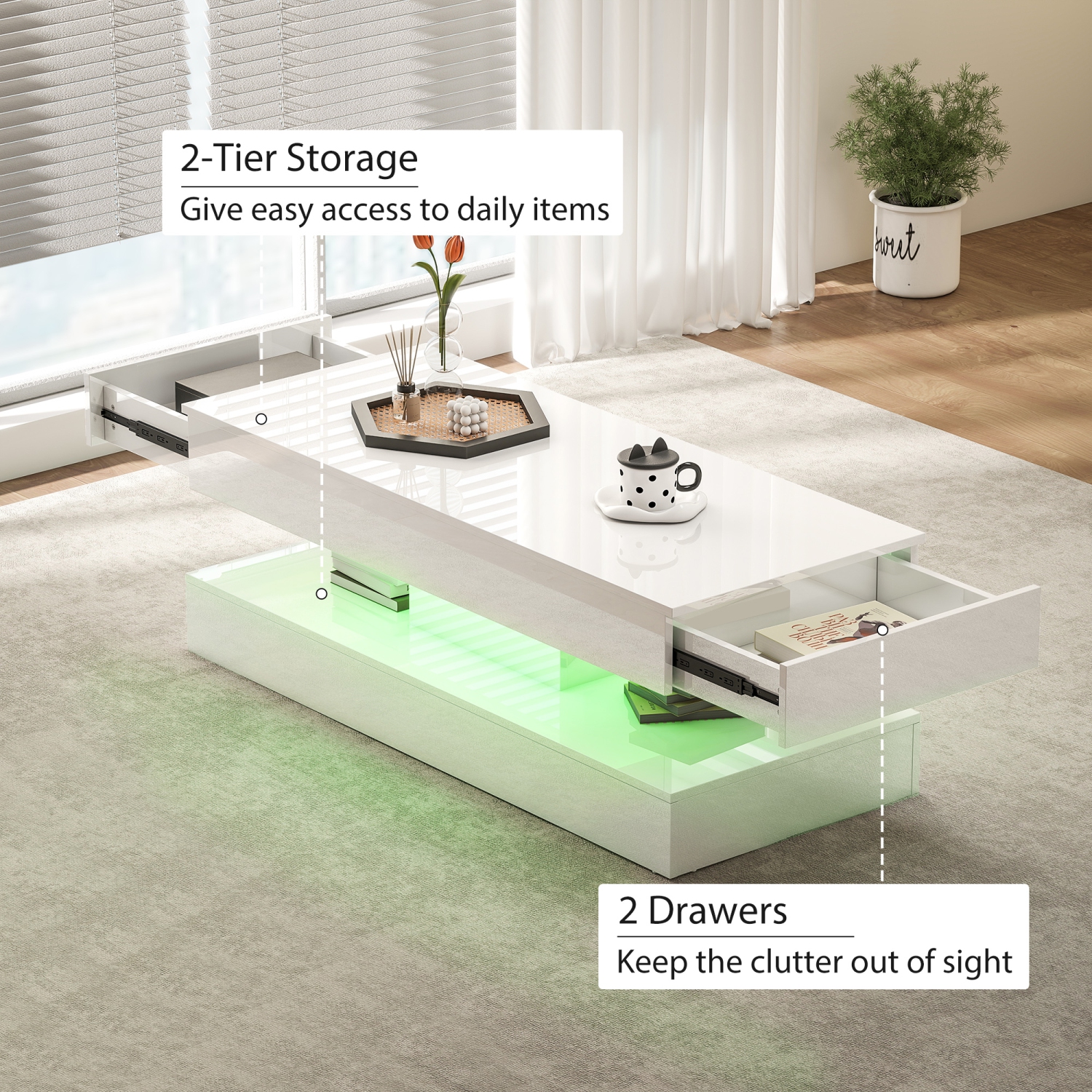 HOMCOM – Table basse avec rangement LED, table centrale moderne avec 2 tiroirs, tablette ouverte et télécommande pour salon, blanc lustré