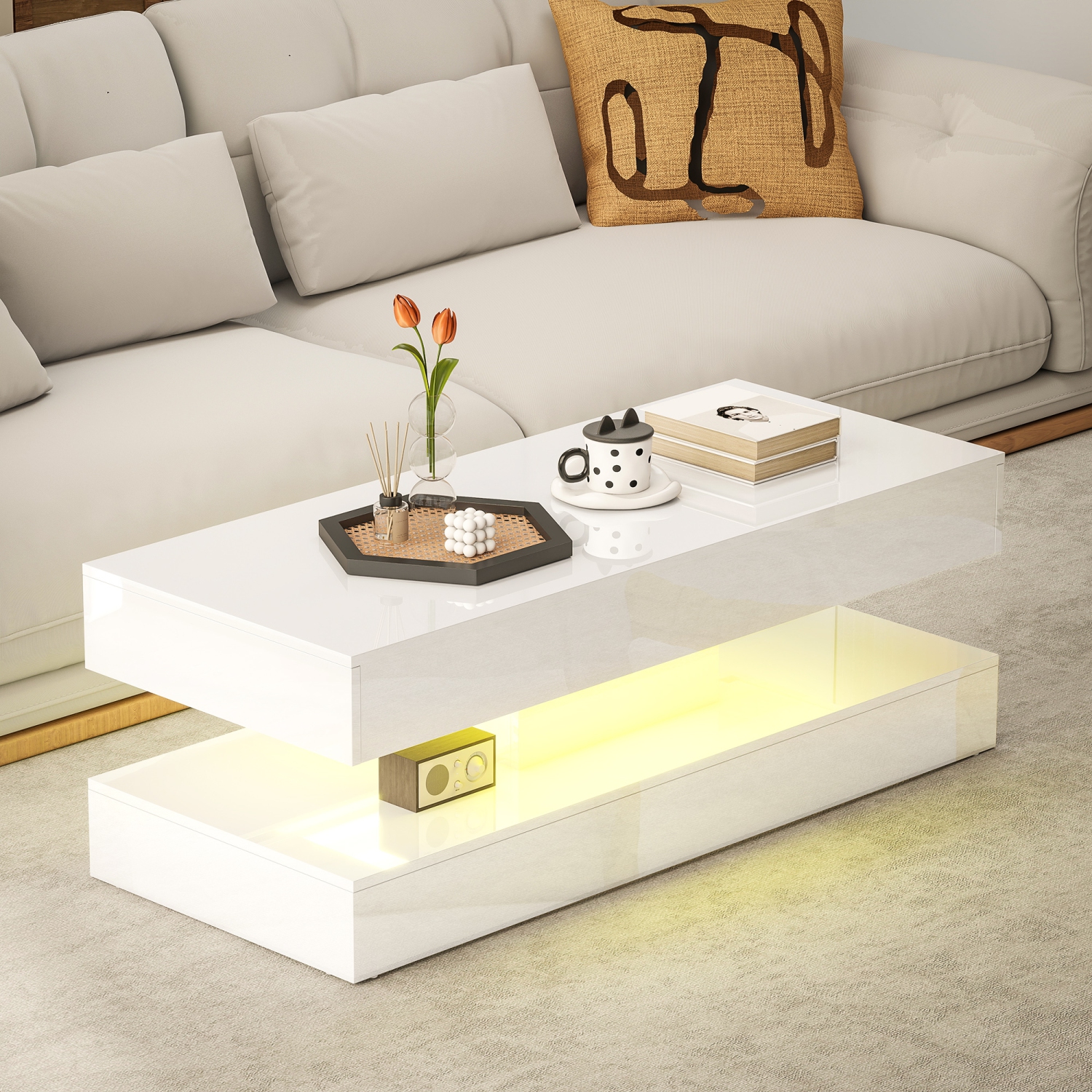 HOMCOM – Table basse avec rangement LED, table centrale moderne avec 2 tiroirs, tablette ouverte et télécommande pour salon, blanc lustré