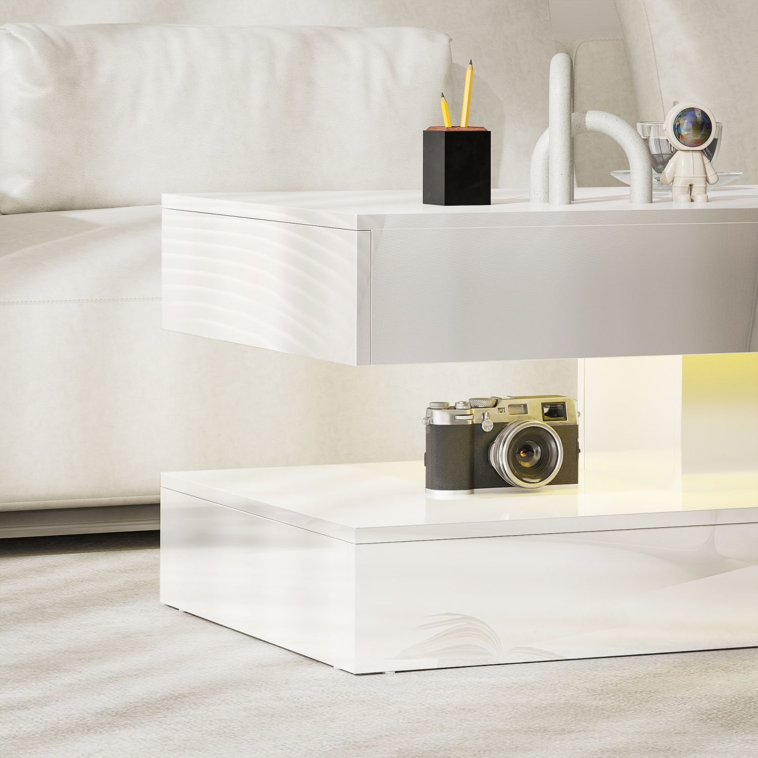 HOMCOM – Table basse avec rangement LED, table centrale moderne avec 2 tiroirs, tablette ouverte et télécommande pour salon, blanc lustré