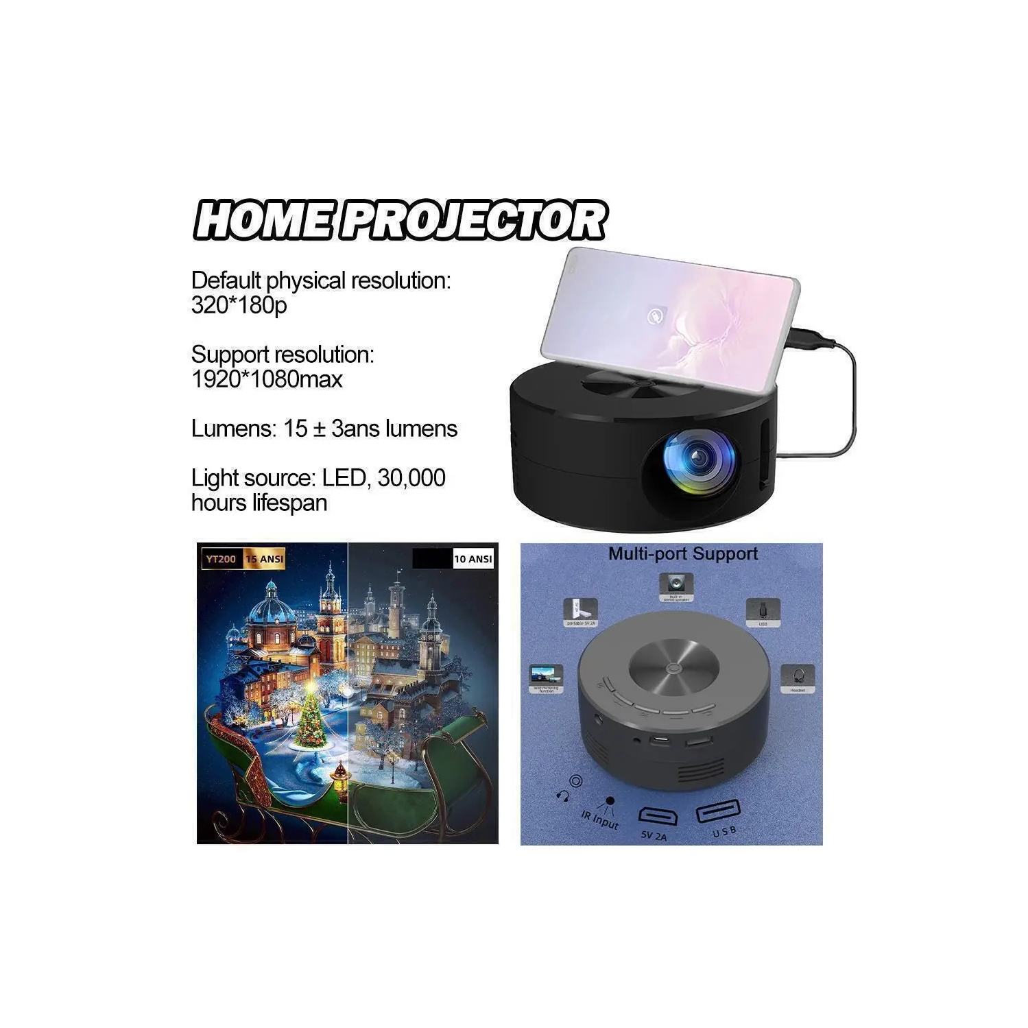 Nouveau projecteur YT200 projecteur petit mini portatif nouveau projecteur haute diffusion de code prend en charge le lecteur multimédia de cinéma