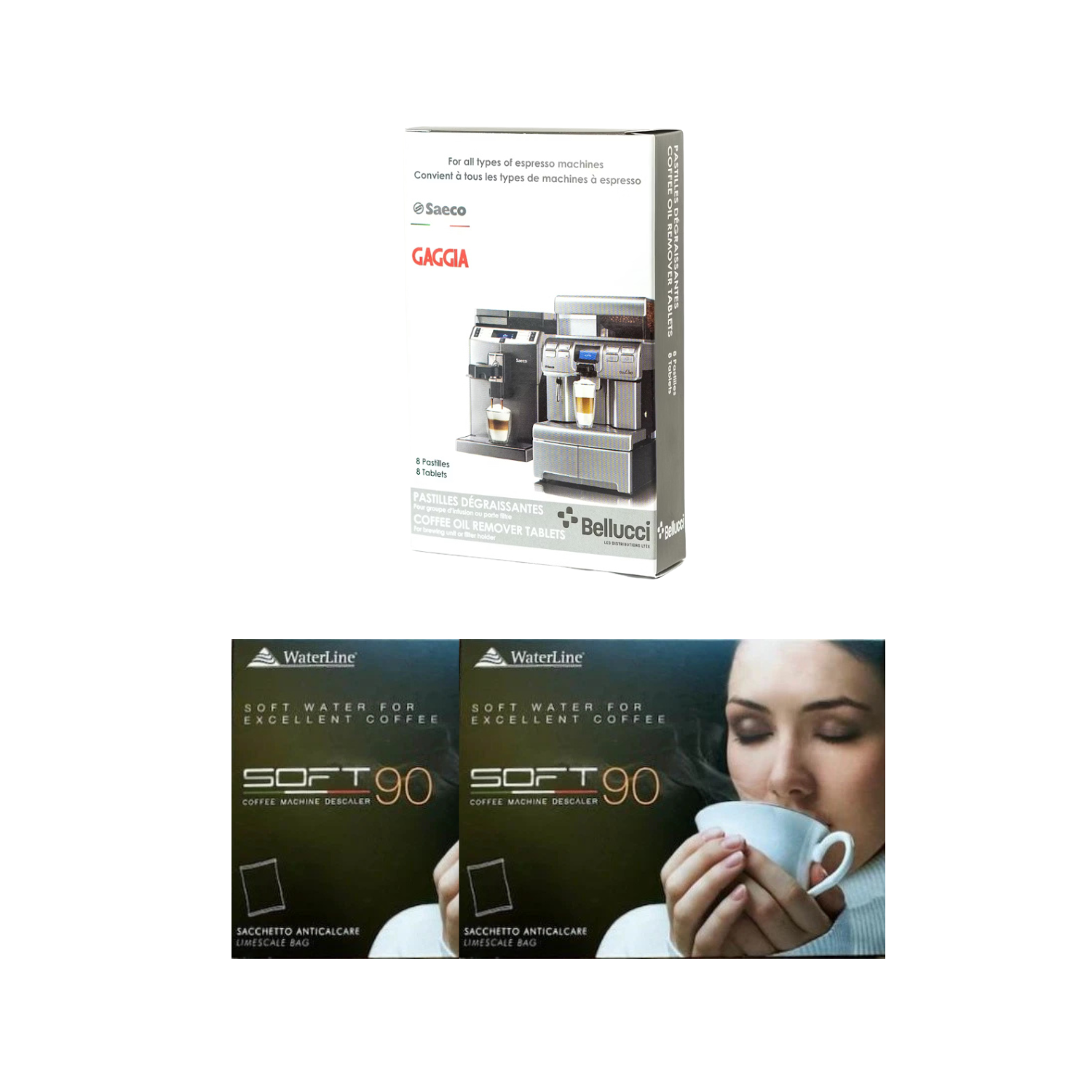 Comprimés d'élimination d'huile à café de Bellucci + 2 sacs détartrants souples Waterline 90 – Trousse de nettoyage pour machines à espresso