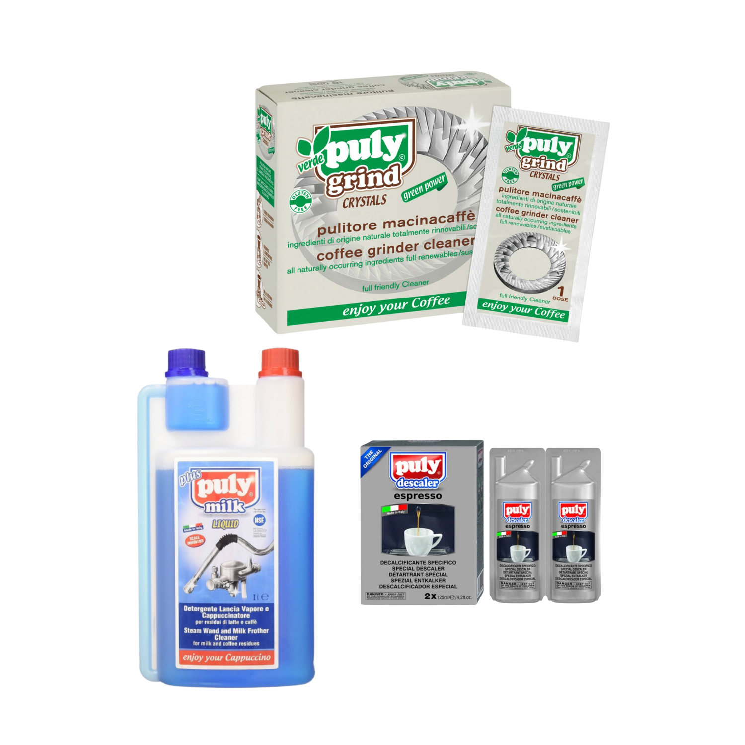 Puly Coffee Cleaning Kit – Grinder Cleaner + Milk Frother Cleaner + Espresso Descaler – Complete Maintenance Set for Espresso Machines