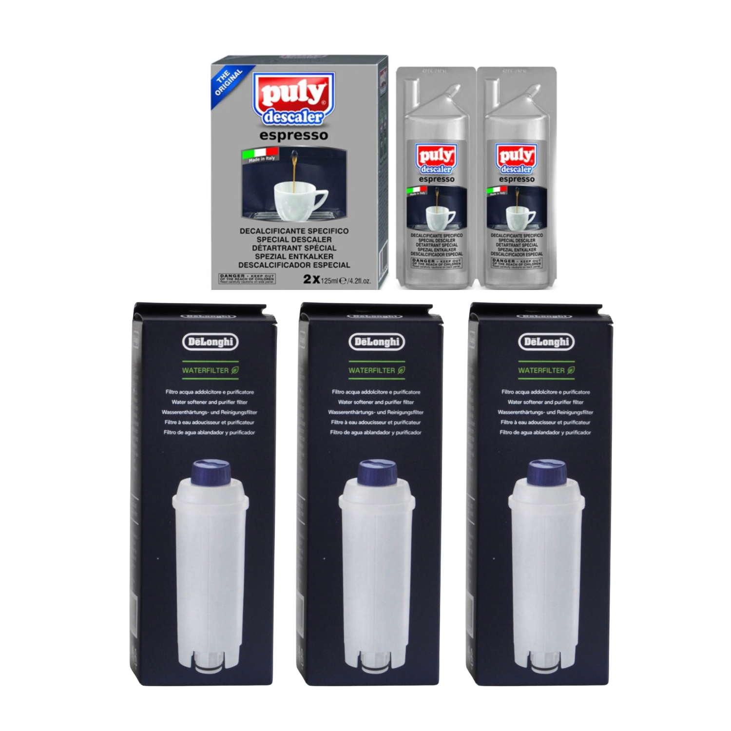 Détartreur à espresso Puly + 3 filtres à eau de De'Longhi – Trousse d'entretien pour machines à espresso