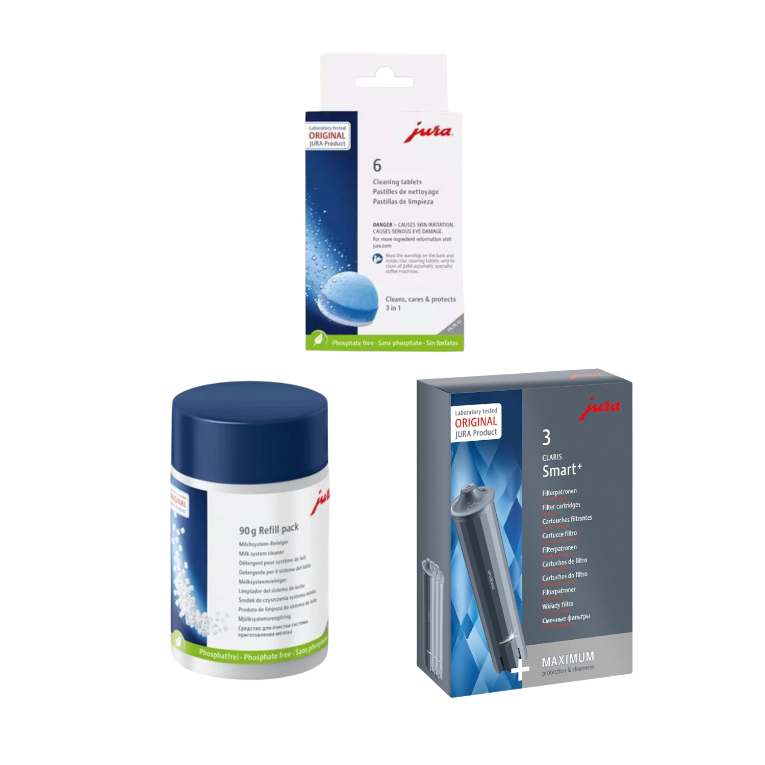 Jura Cleaning Kit – 6 Cleaning Tablets + Milk System Cleaner + 3 Claris Smart+ Filters – Original Jura Maintenance Bundle