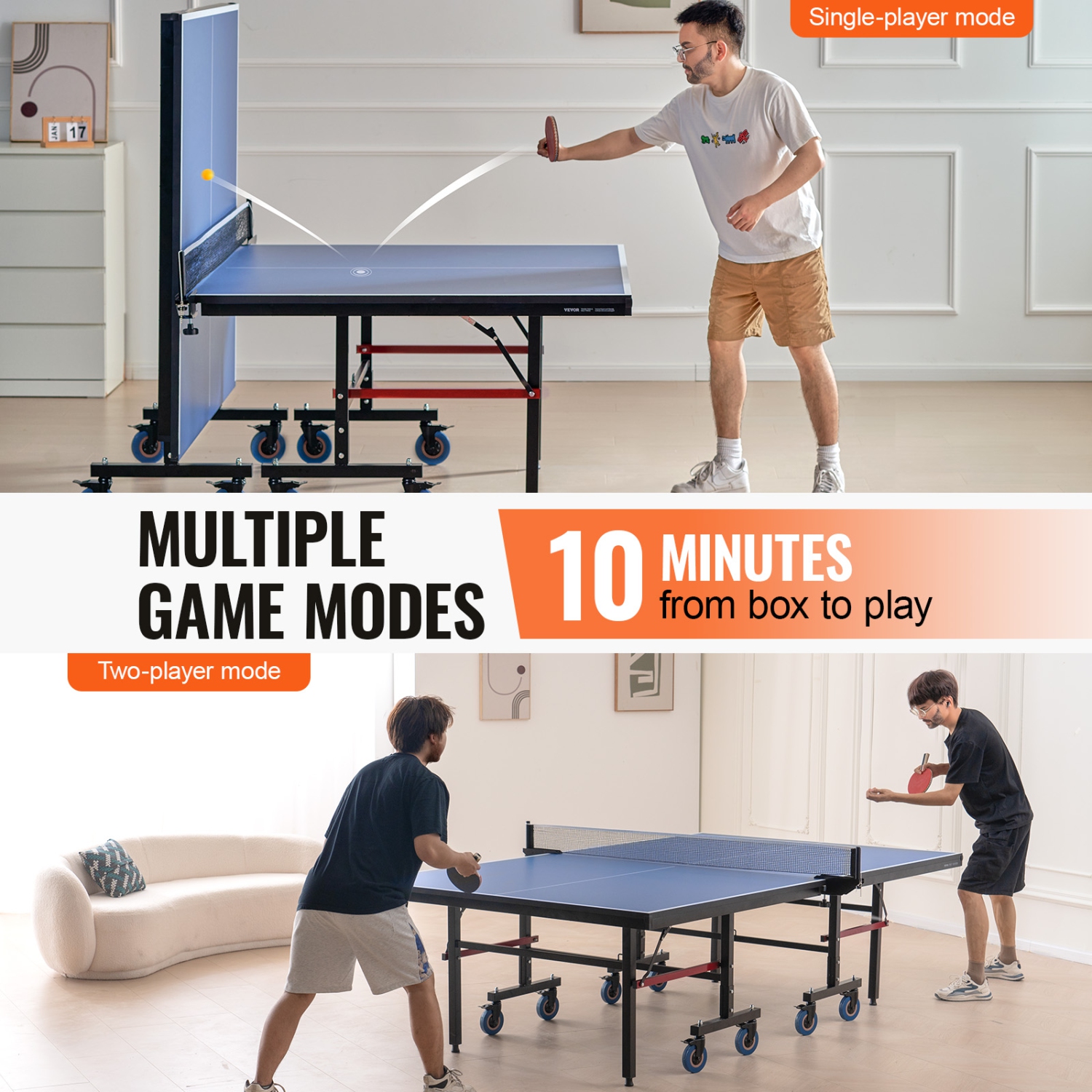VEVOR 25mm Ping Pong Table, Professional Table Tennis Game, Indoor MDF Portable Table Tennis Table, Ping Pong Table with Quick Clamp Net and Lockable